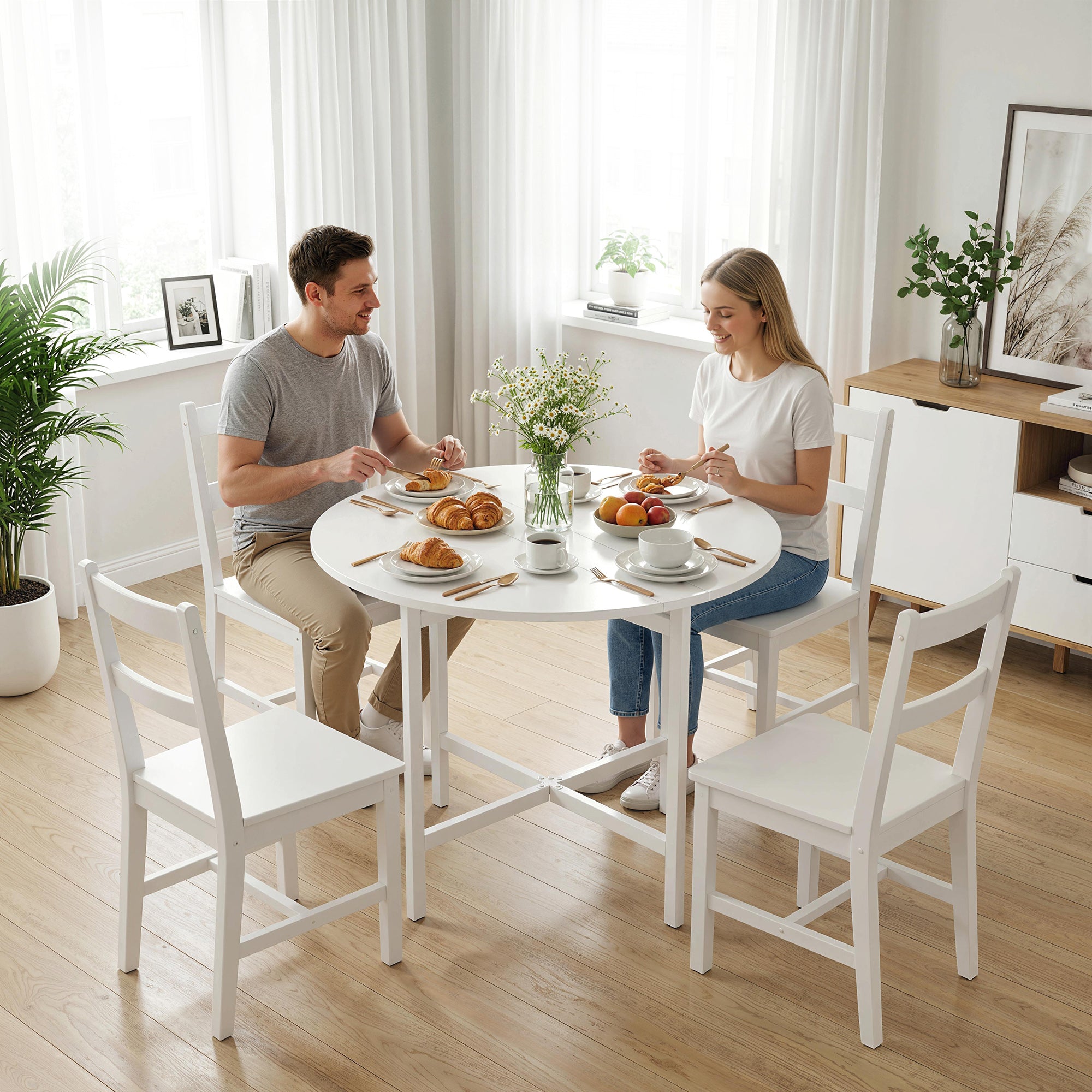HOMCOM Collapsible Drop Leaf Table, Folding Dining Table for Small Spaces, Extendable Kitchen Table with Steel Frame, White