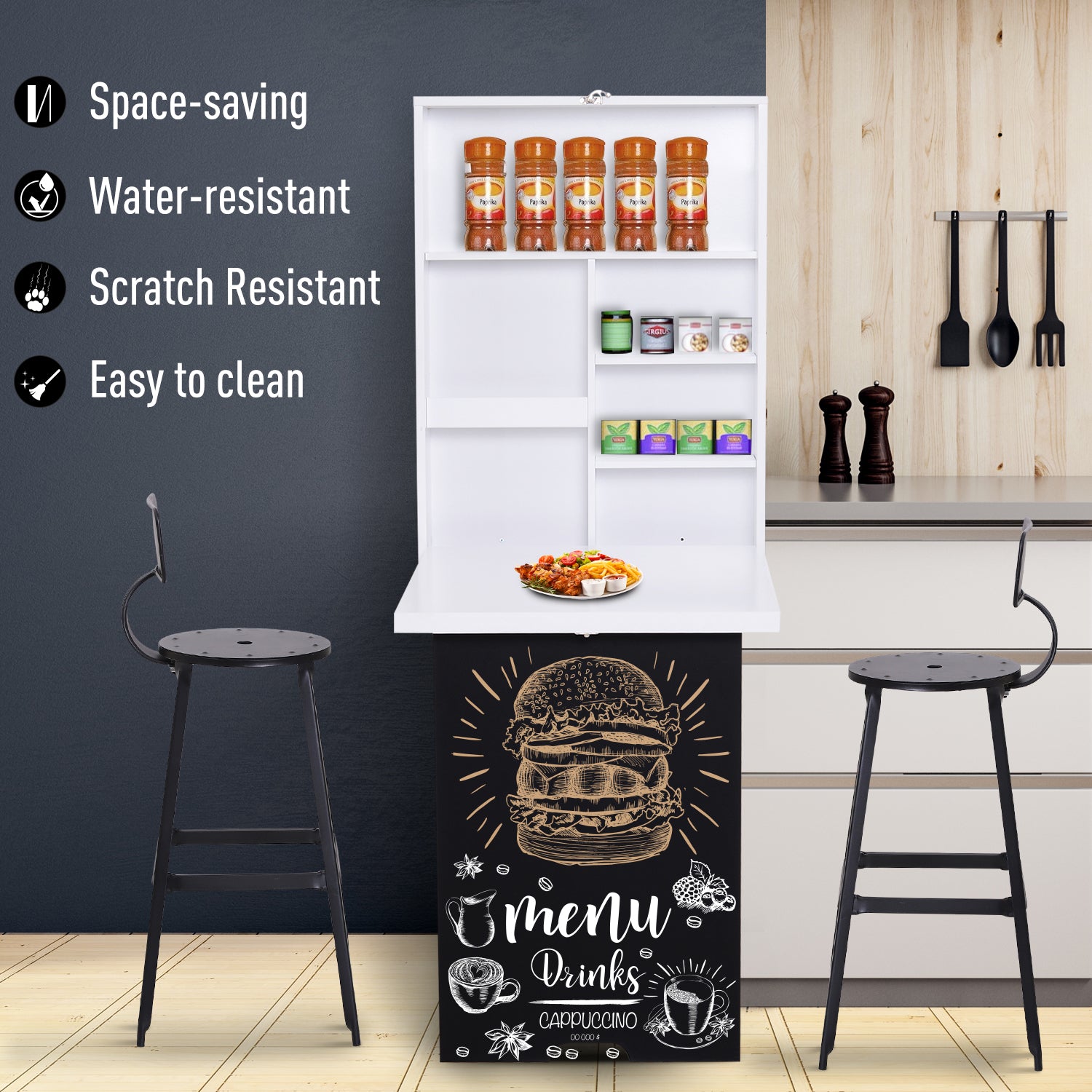 HOMCOM Folding Wall-Mounted Drop-Leaf Table, Convertible Wall Table With Chalkboard and Storage Shelf, Multifunctional Floating Desk for Home Office, White - North Peak Garden Furniture