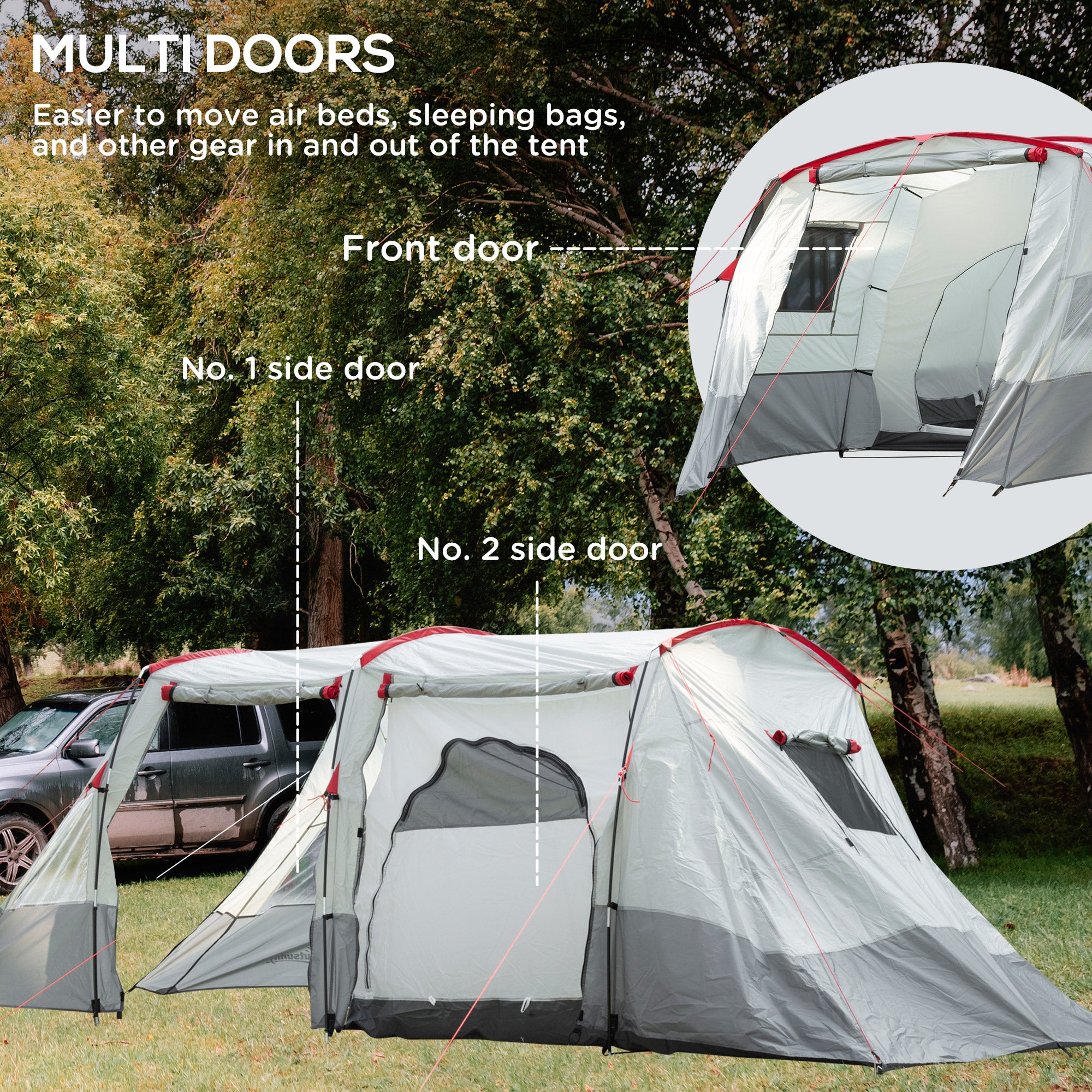 Outsunny 6-8 Person Tunnel Tent, Camping Tent with Bedroom, Living Room, Sewn-in Floor, 3 Doors and Carry Bag, 2000mm Water Column for Fishing, Hiking, Sports, and Traveling, Grey - North Peak Garden Furniture