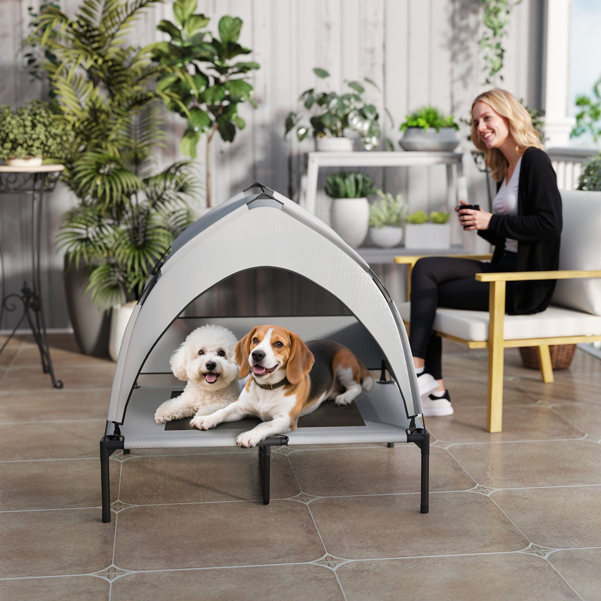 PawHut Portable Elevated Dog Bed with Removable Canopy, Cooling Raised Pet Cot for Medium Large Dogs, 92 x 75 x 89 cm - North Peak Garden Furniture