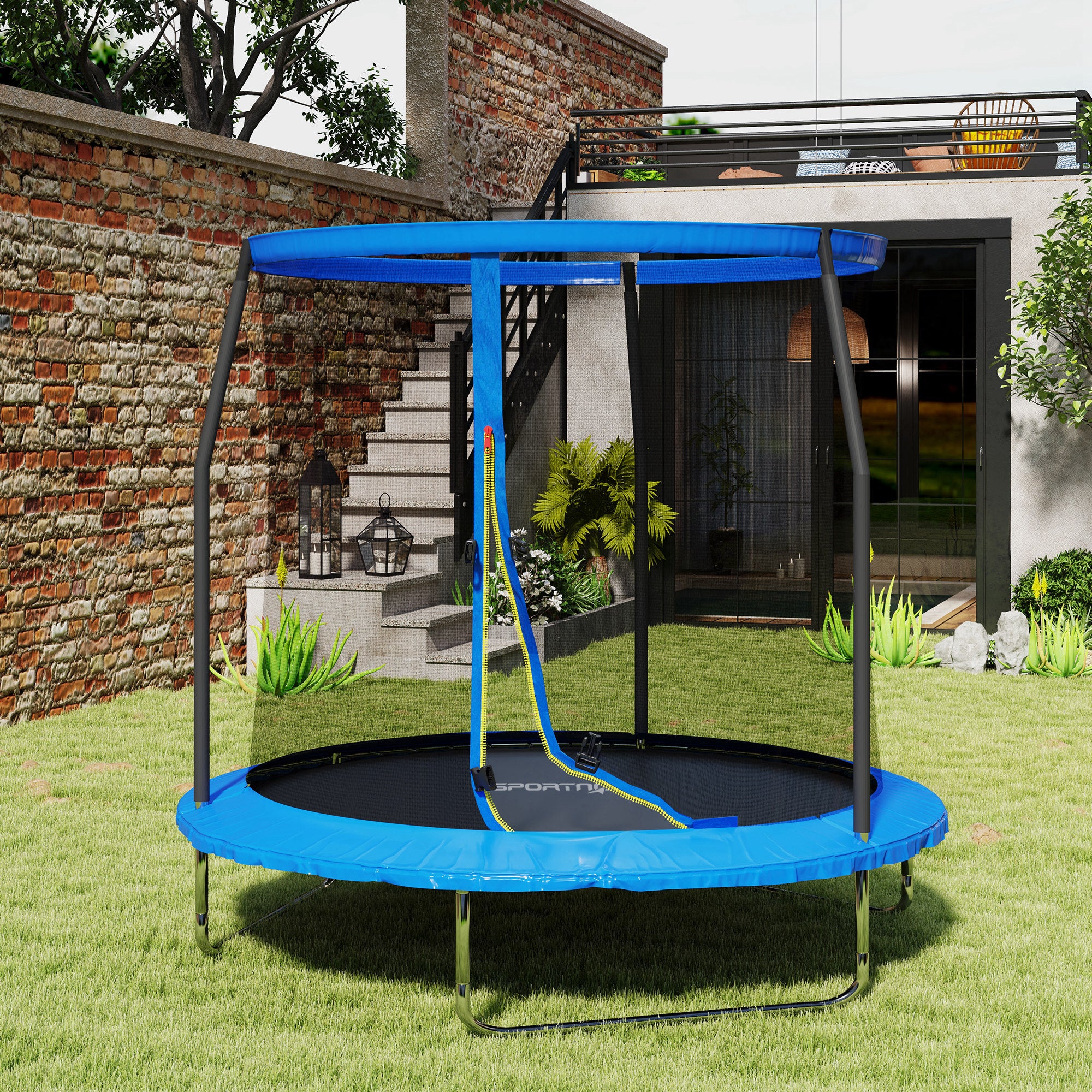 SPORTNOW 8ft Trampoline with Safety Enclosure Net, Steel Frame Outdoor Trampoline, Jumping Mat with Edge Safety Cover for Fitness, Blue - North Peak Garden Furniture