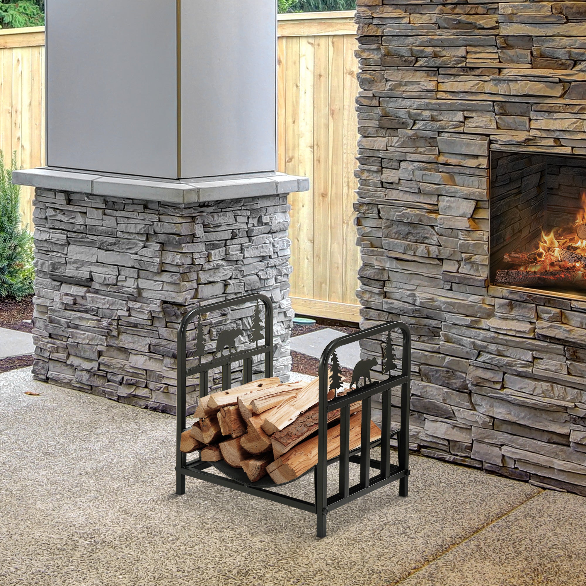 Outsunny Metal Firewood Log Holder Indoor Outdoor Firewood Rack Inner Arced Fireplace Wood Storage Shelf w/ Bear Shape Design, Rust-Resistant, Black, 42W x 33.5D x 43H cm - North Peak Garden Furniture