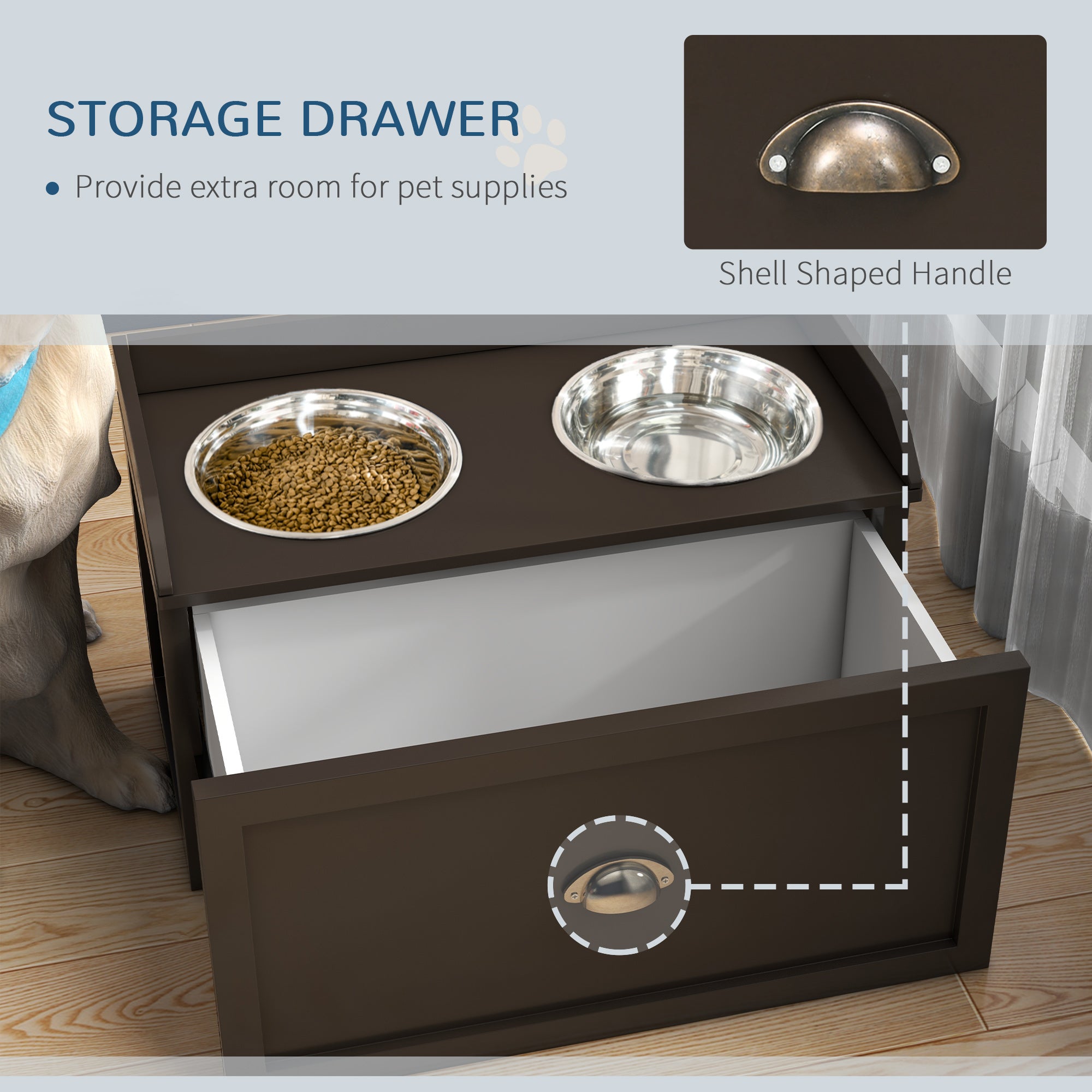 PawHut Stainless Steel Raised Dog Bowls, with 21L Storage Drawer for Large Dogs - Brown - North Peak Garden Furniture