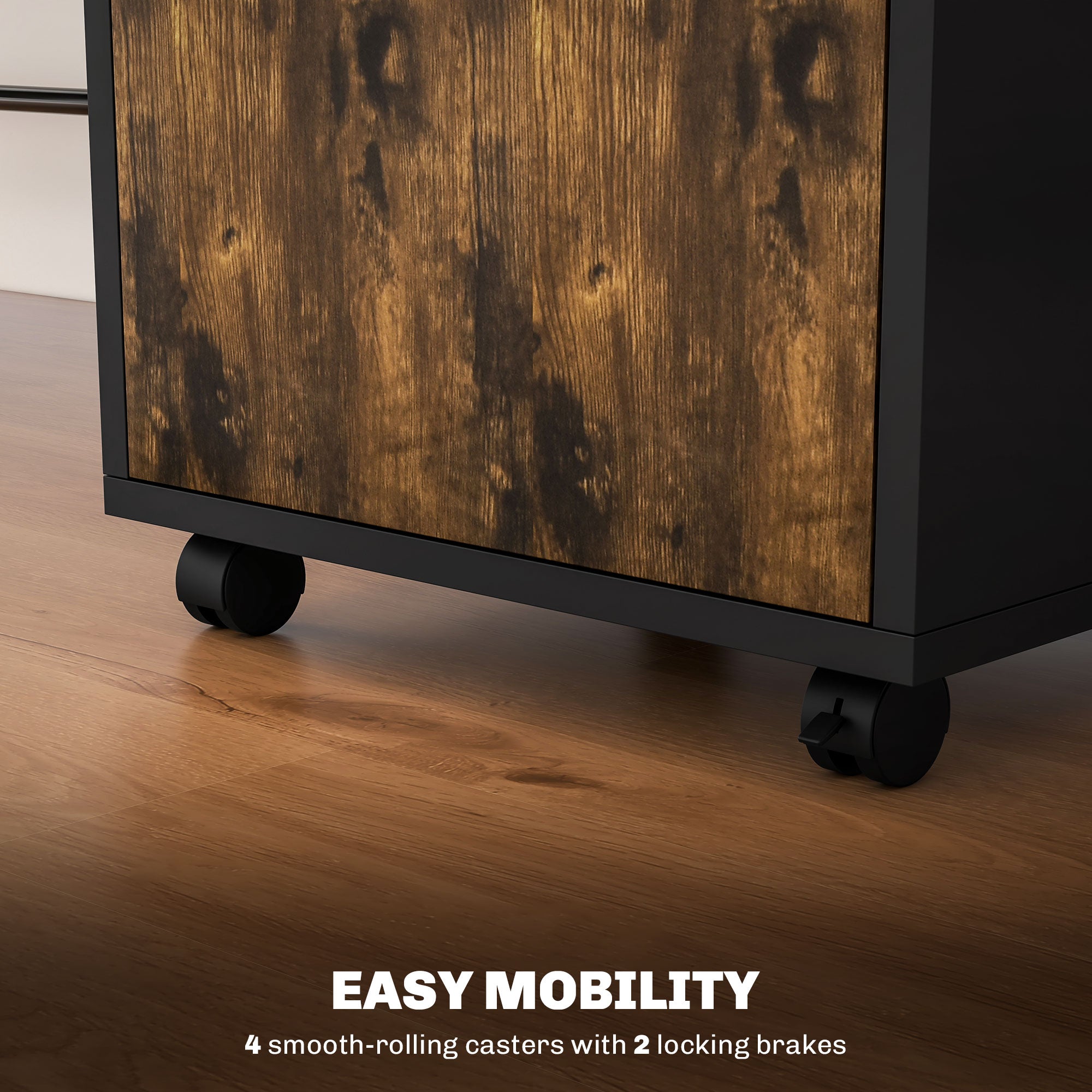 HOMCOM 60cm Filing Cabinet with Drawer, Open Shelf, Metal Handles and 4 Wheels, Office Home Organiser Mobile Printer, Rustic Brown - North Peak Garden Furniture
