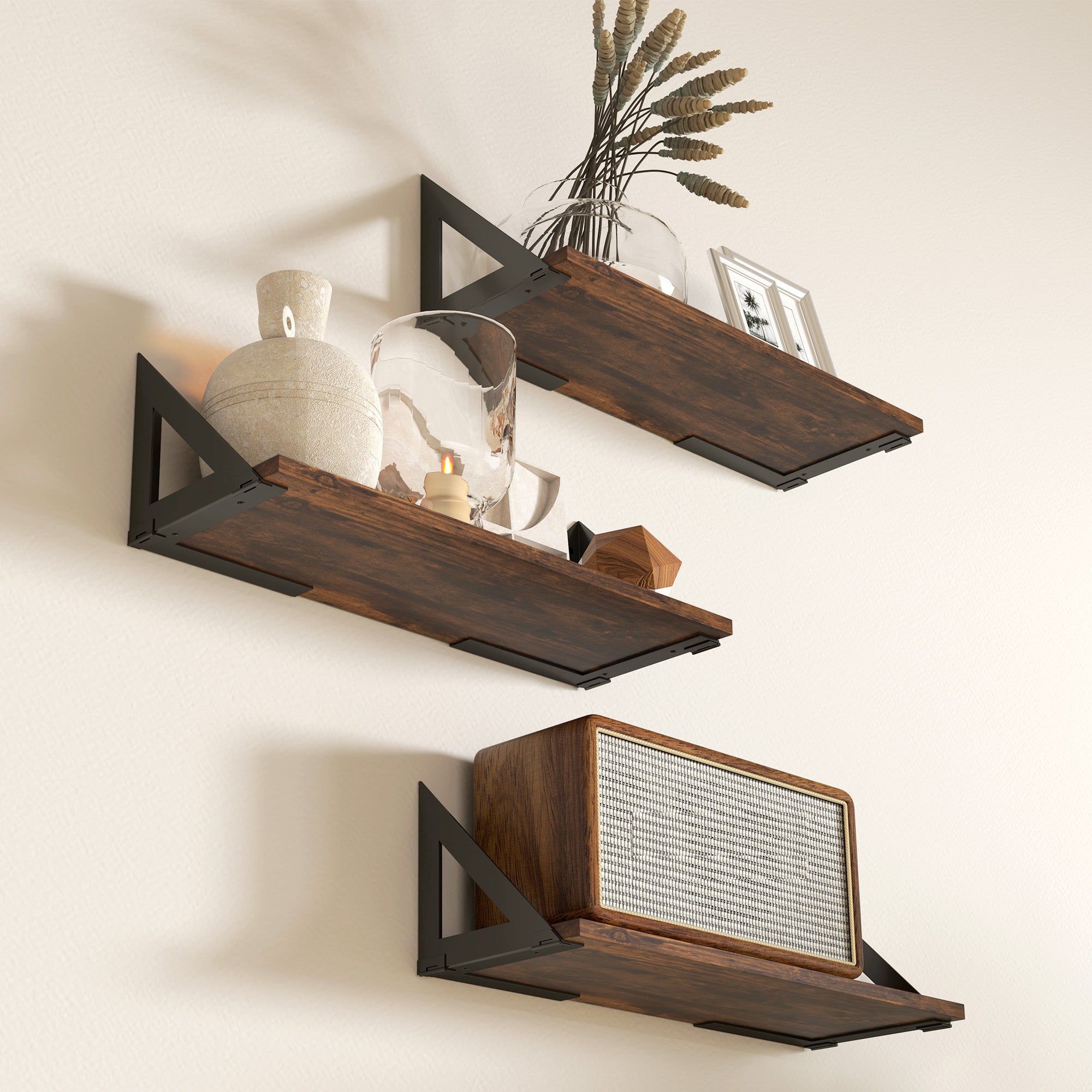 HOMCOM Set of 3 Wall Mounted Floating Shelves, Vintage Wall Shelves for Living Room, Entryway, Bedroom, Rustic Brown - North Peak Garden Furniture