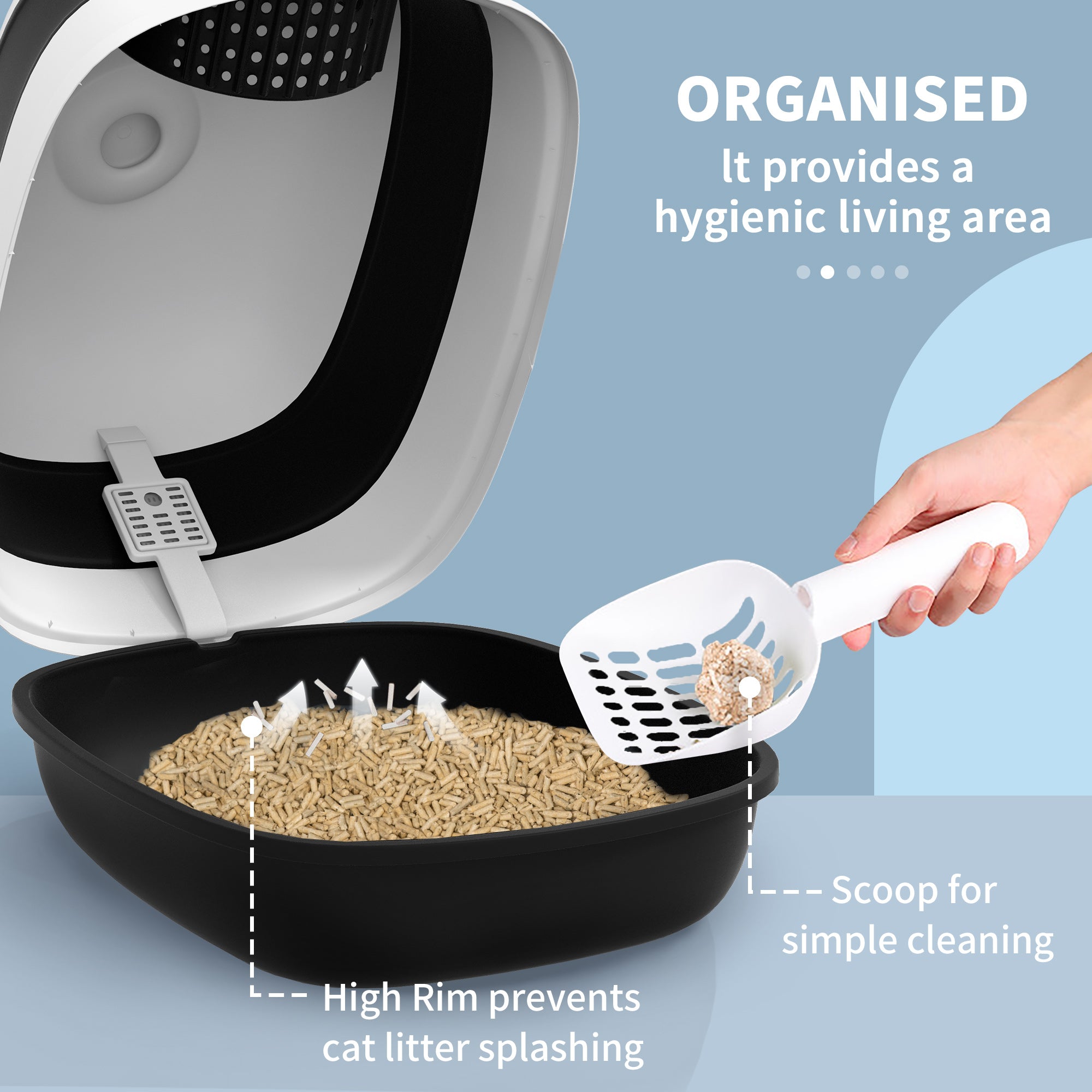 PawHut Foldable Cat Litter Tray with Lid, Deodorant, Scoop, Black - North Peak Garden Furniture