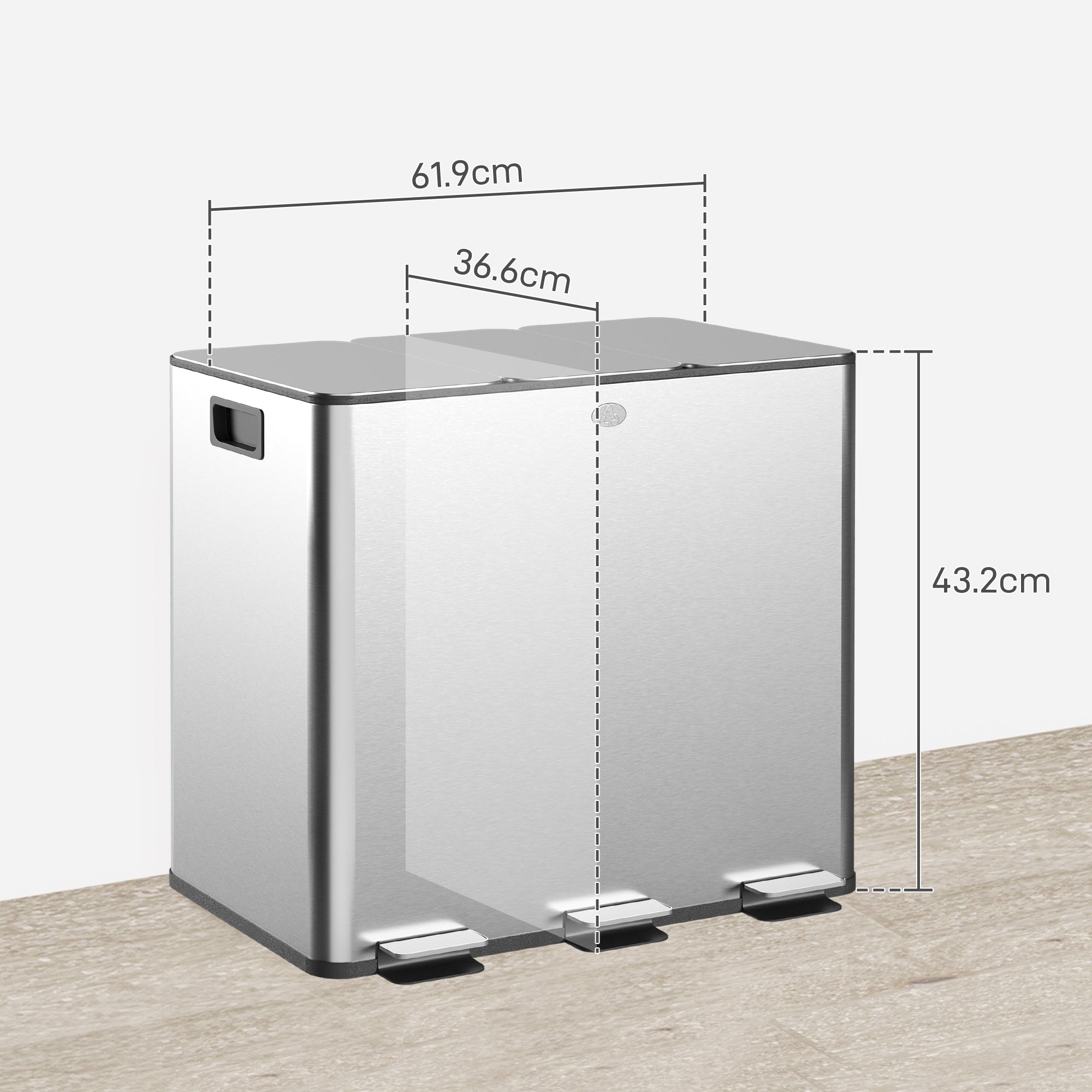 HOMCOM 3 x 15L Pedal Bin, Steel Triple Kitchen Bin with Soft Close Lid, Removable Inner Buckets, Fingerprint-Proof, Silver - North Peak Garden Furniture