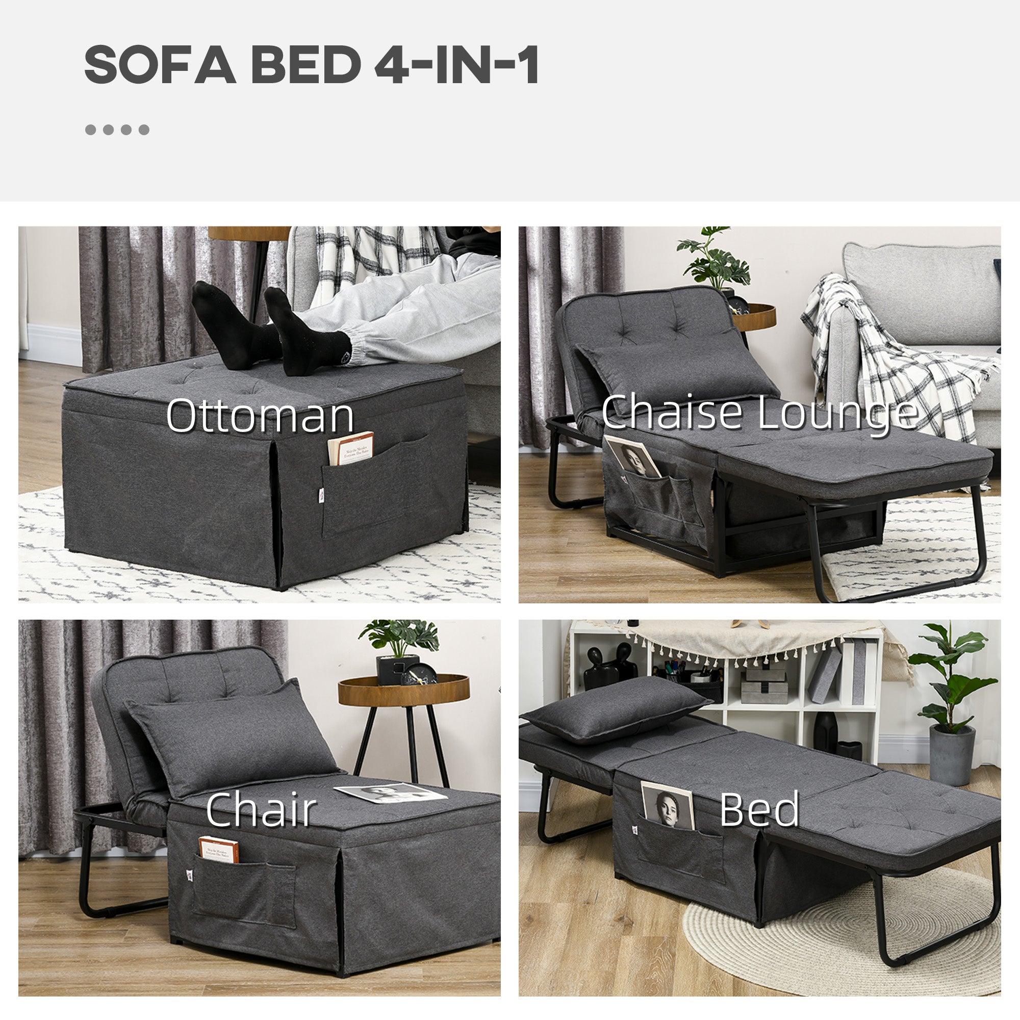 HOMCOM Fabric Sleeper Chair, Folding Chair Bed with Adjustable Backrest, Pillow, Side Pockets for Living Room, Charcoal Grey - North Peak Garden Furniture
