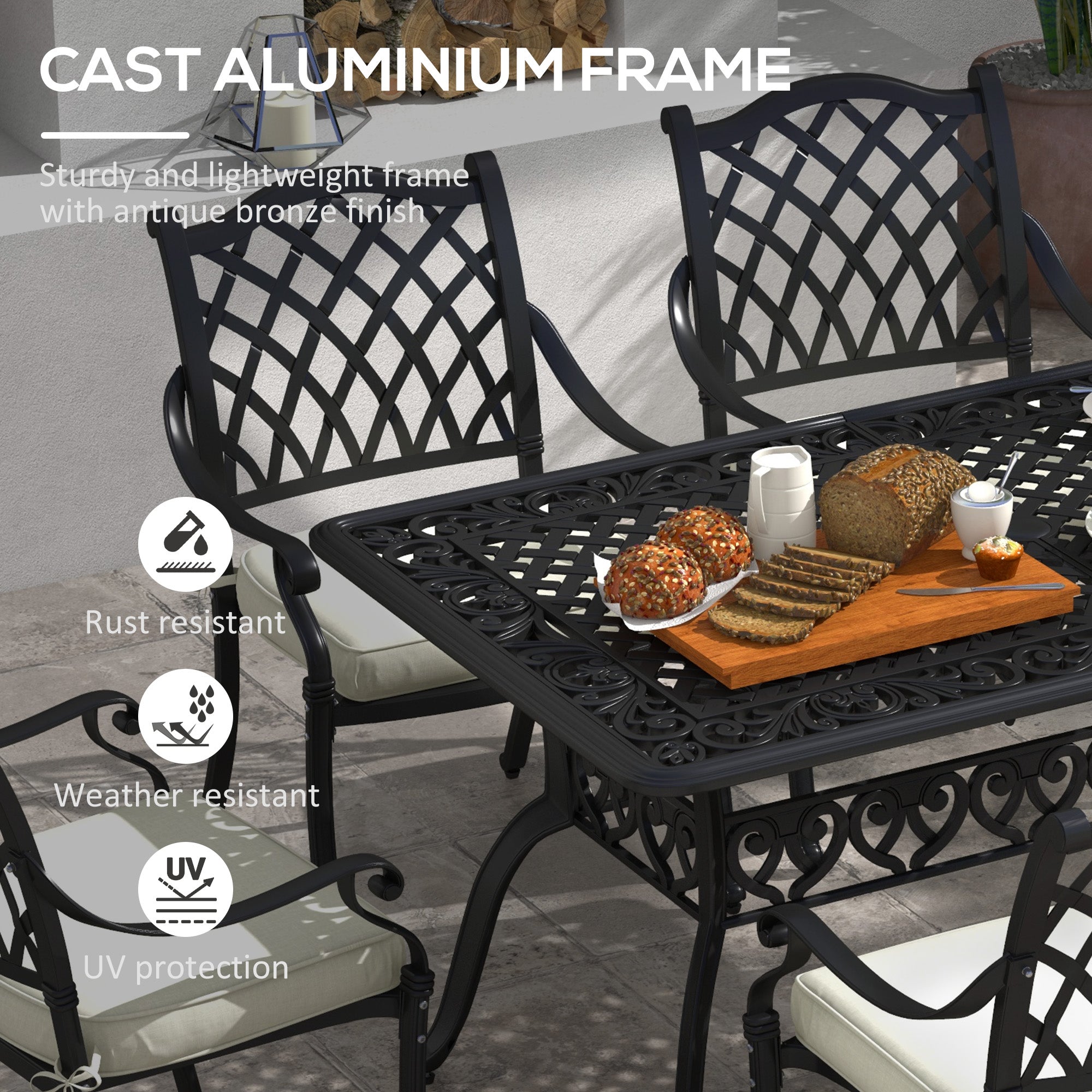 Outsunny 7 Pieces Aluminium Patio Dining Set with Umbrella Hole Black - North Peak Garden Furniture