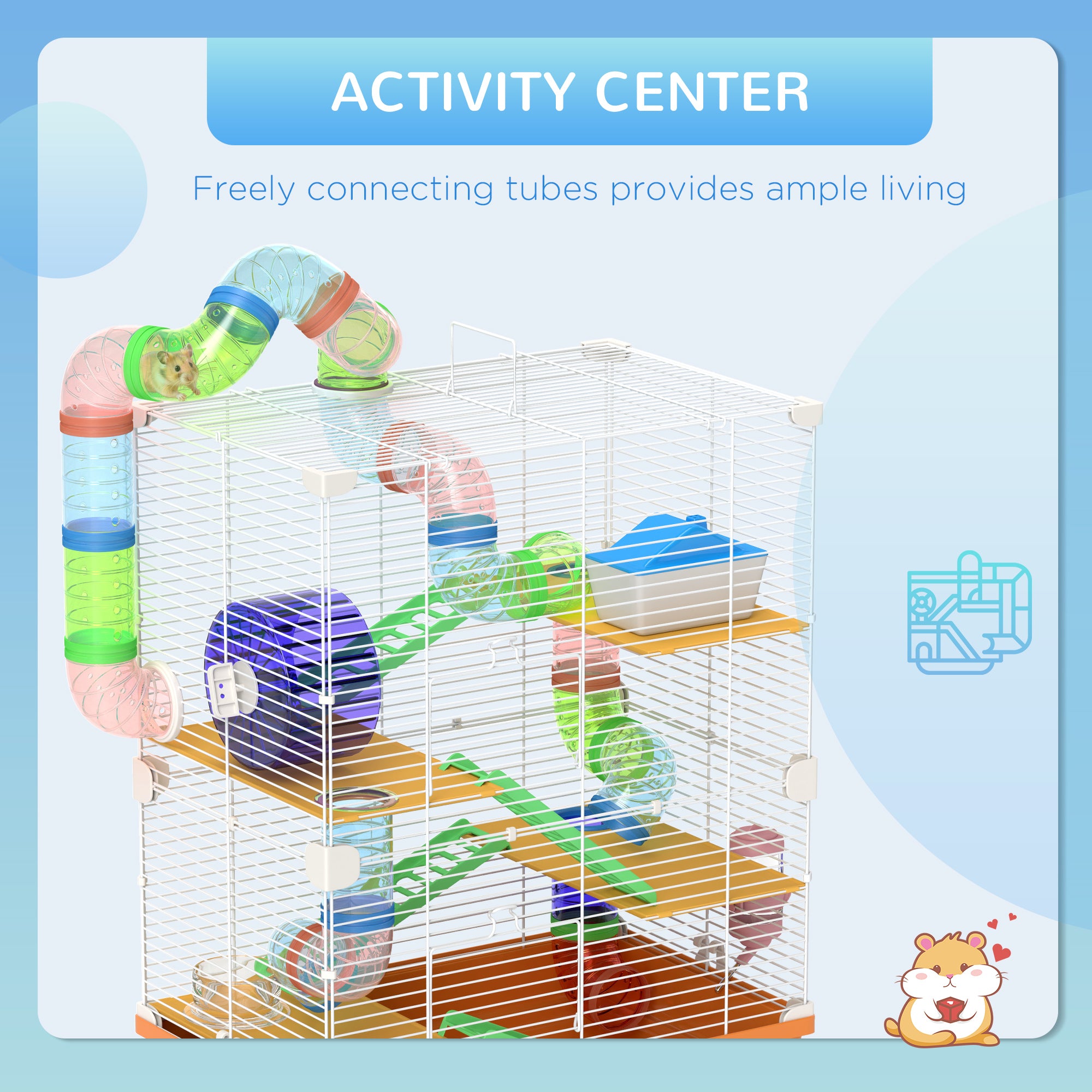 PawHut 5 Tier Hamster Cage Carrier Habitat w/ Exercise Wheels, Tunnel, Orange - North Peak Garden Furniture