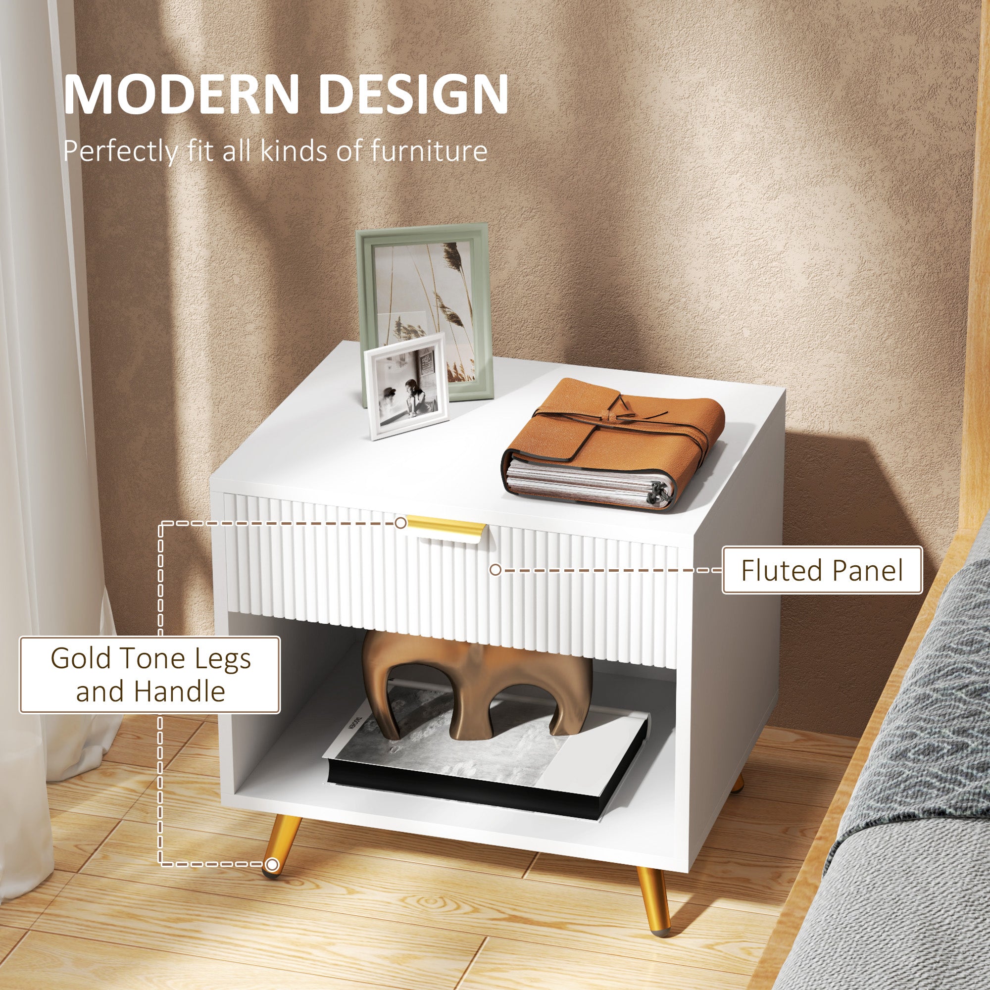 HOMCOM Elegant Bedside Table, with Drawer and Shelf - White/Gold Tone