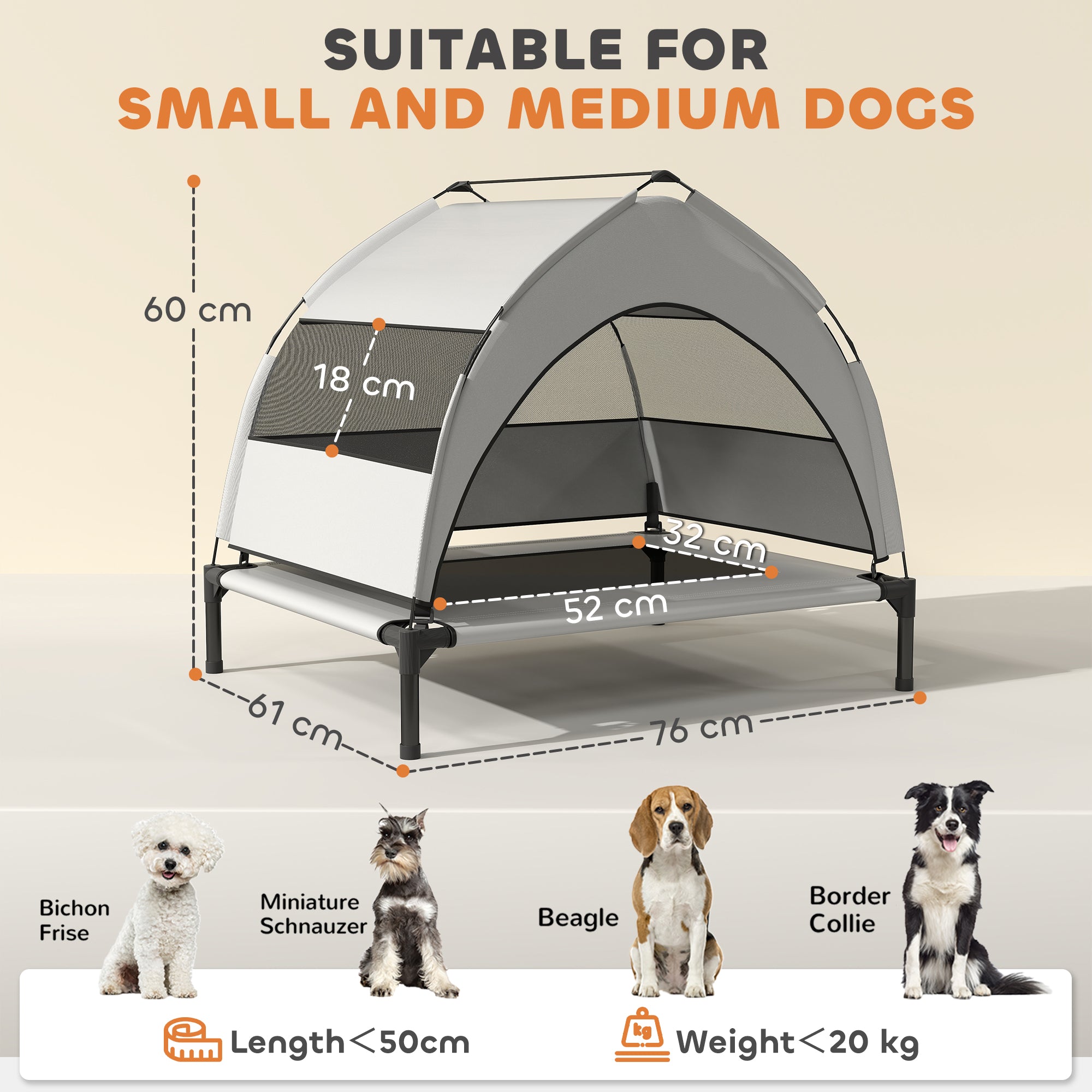 PawHut Portable Elevated Dog Bed with Removable Canopy, Cooling Raised Pet Cot for Small Medium Dogs, 76 x 61 x 60 cm - North Peak Garden Furniture