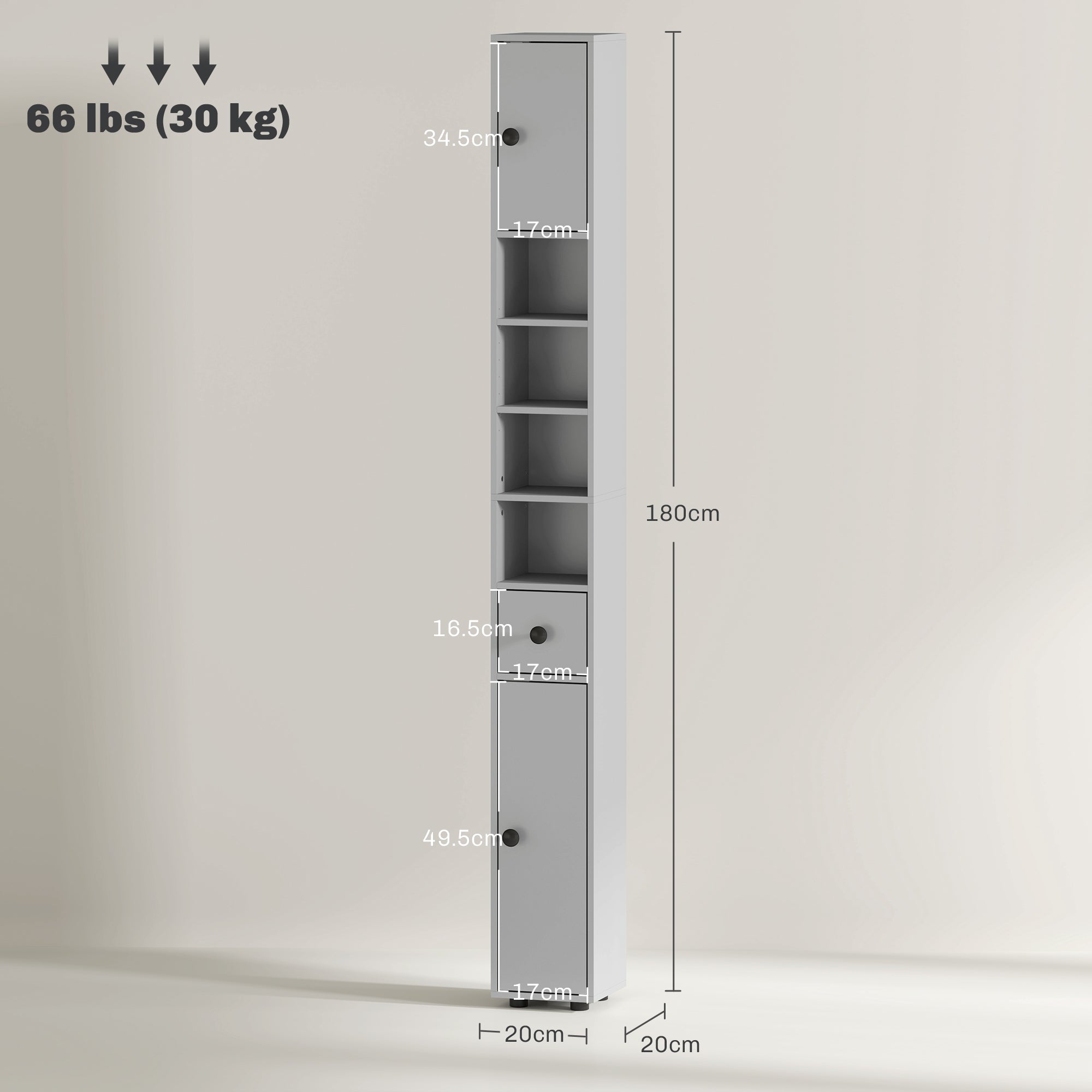 kleankin 180cm Slim Bathroom Cabinet, with Drawer, Shelves and Cupboards - Grey
