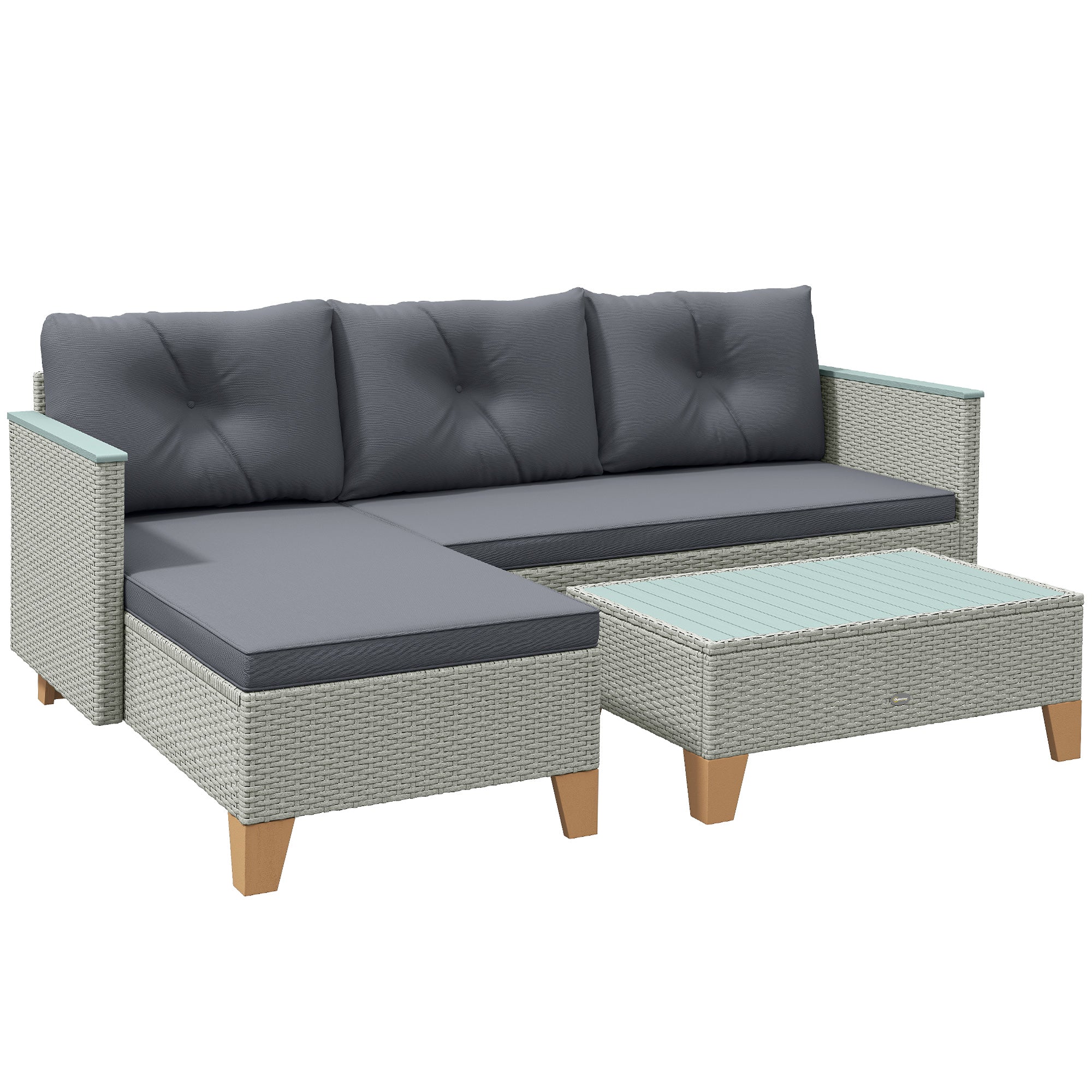 Outsunny 3 Pieces Rattan Garden Furniture Set, L Shaped Garden Conversation Chaise Lounge Furniture with Wood Top Coffee Table and Thick Cushions, Charcoal Grey - North Peak Garden Furniture