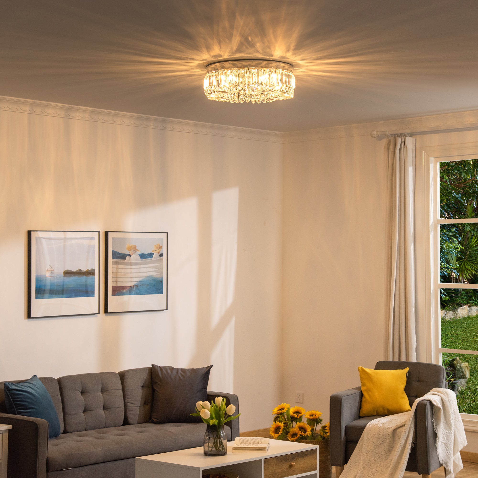 HOMCOM Crystal Ceiling Light Modern Chandeliers Stainless Steel Pendant Lights with Crystal Decorations for Living Room Bedroom Dining Room Hall Silver - North Peak Garden Furniture