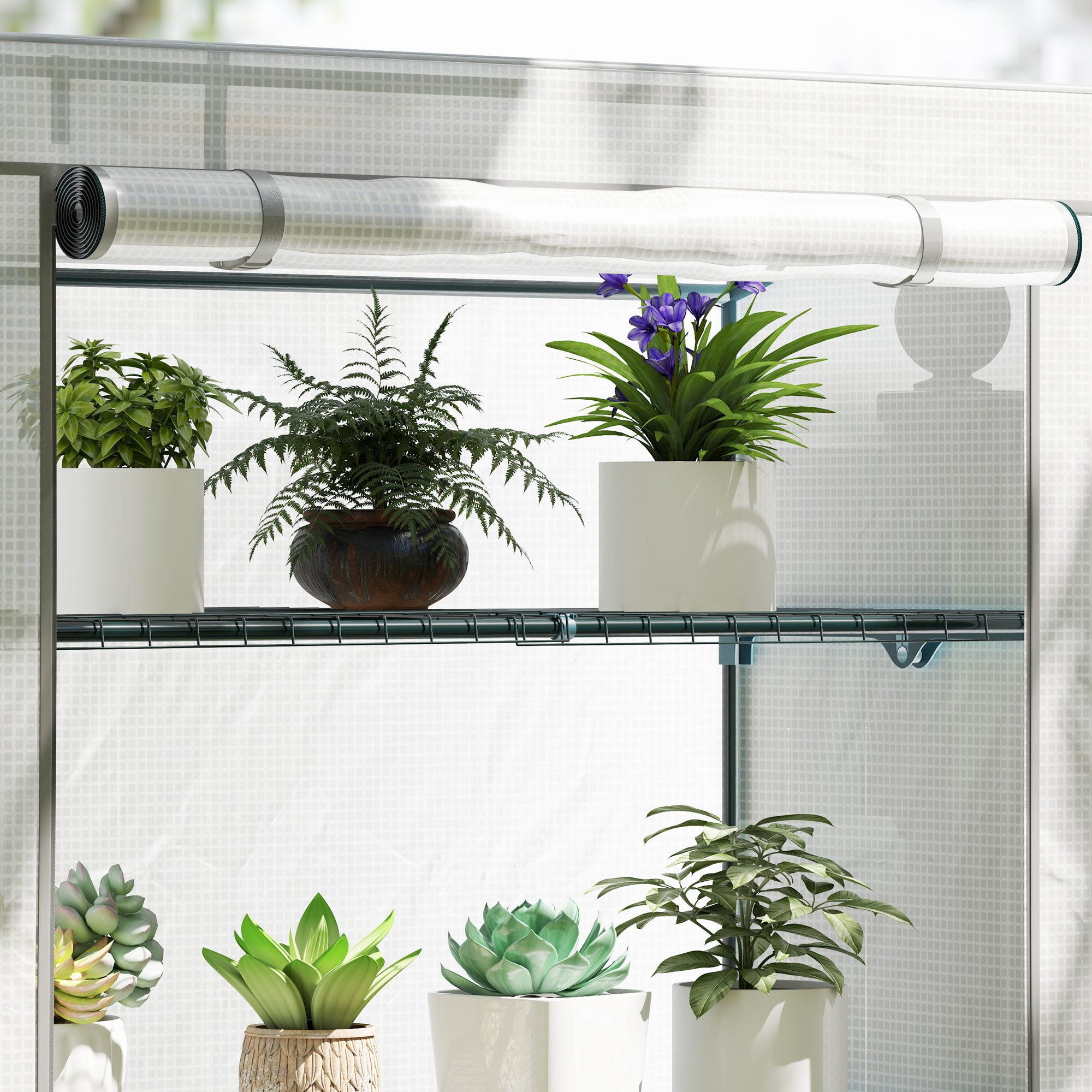 Outsunny 4 Tier Lean-to Mini Greenhouse with Reinforced PE Cover, Portable Small Greenhouse with Roll-Up Door, Grey Hemmed Edging, 110 x 50 x 171cm, Grey - North Peak Garden Furniture