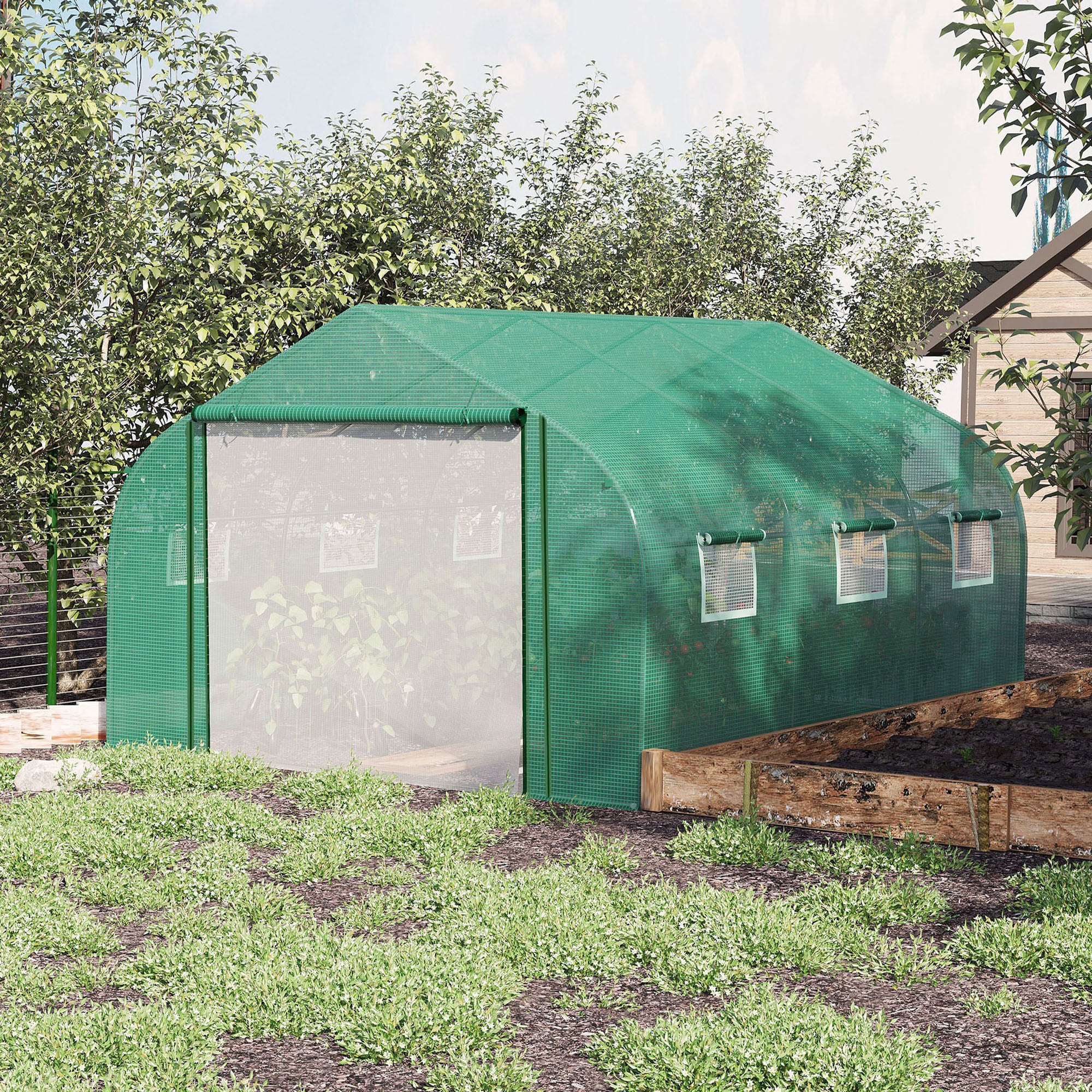 Outsunny Walk-in Polytunnel Garden Greenhouse, Outdoor Mesh Door Greenhouse with PE Cover and 6 Windows, 3.5 x 3 x 2m, Green - North Peak Garden Furniture