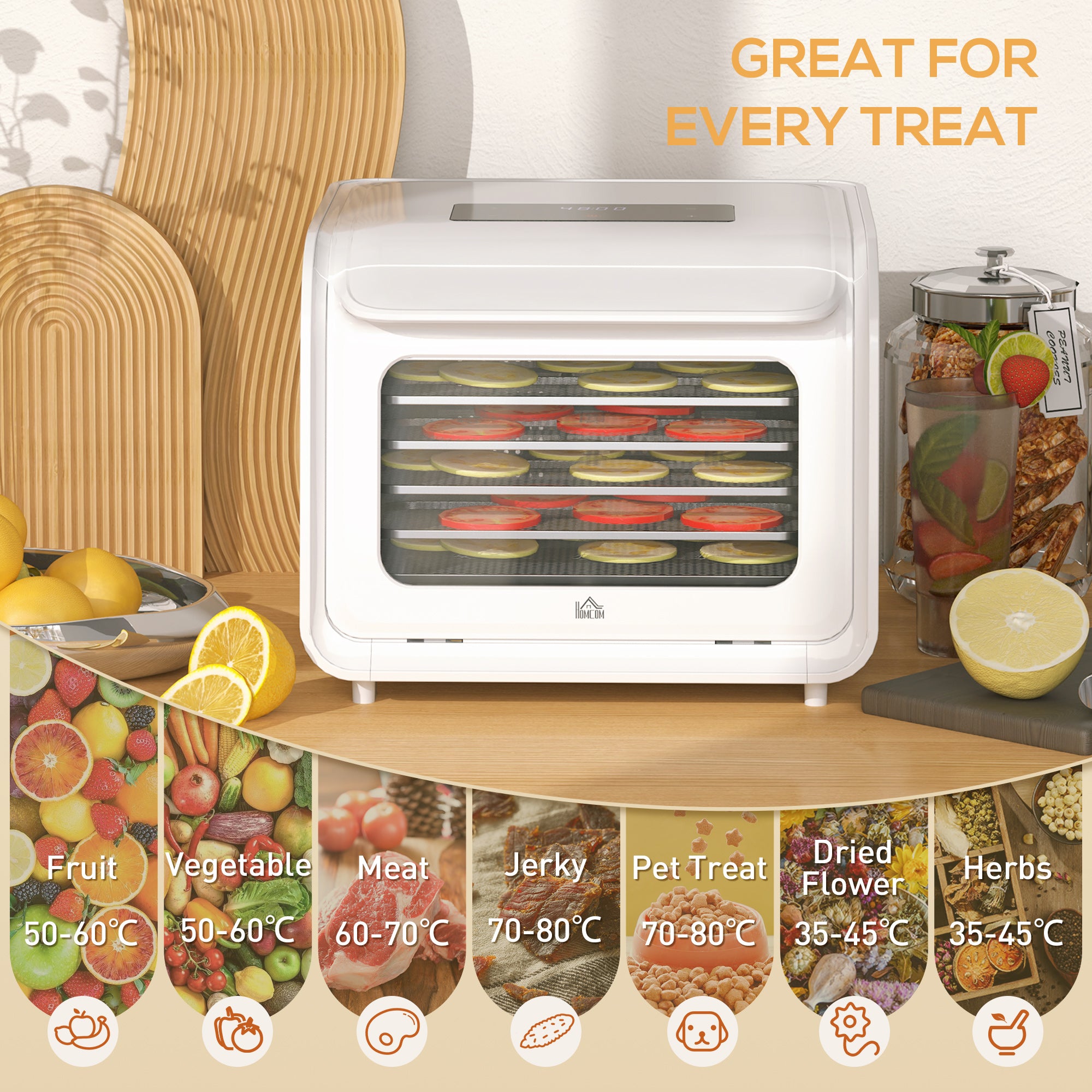 HOMCOM 35-70°C Six-Tray Food Dehydrator - White - North Peak Garden Furniture