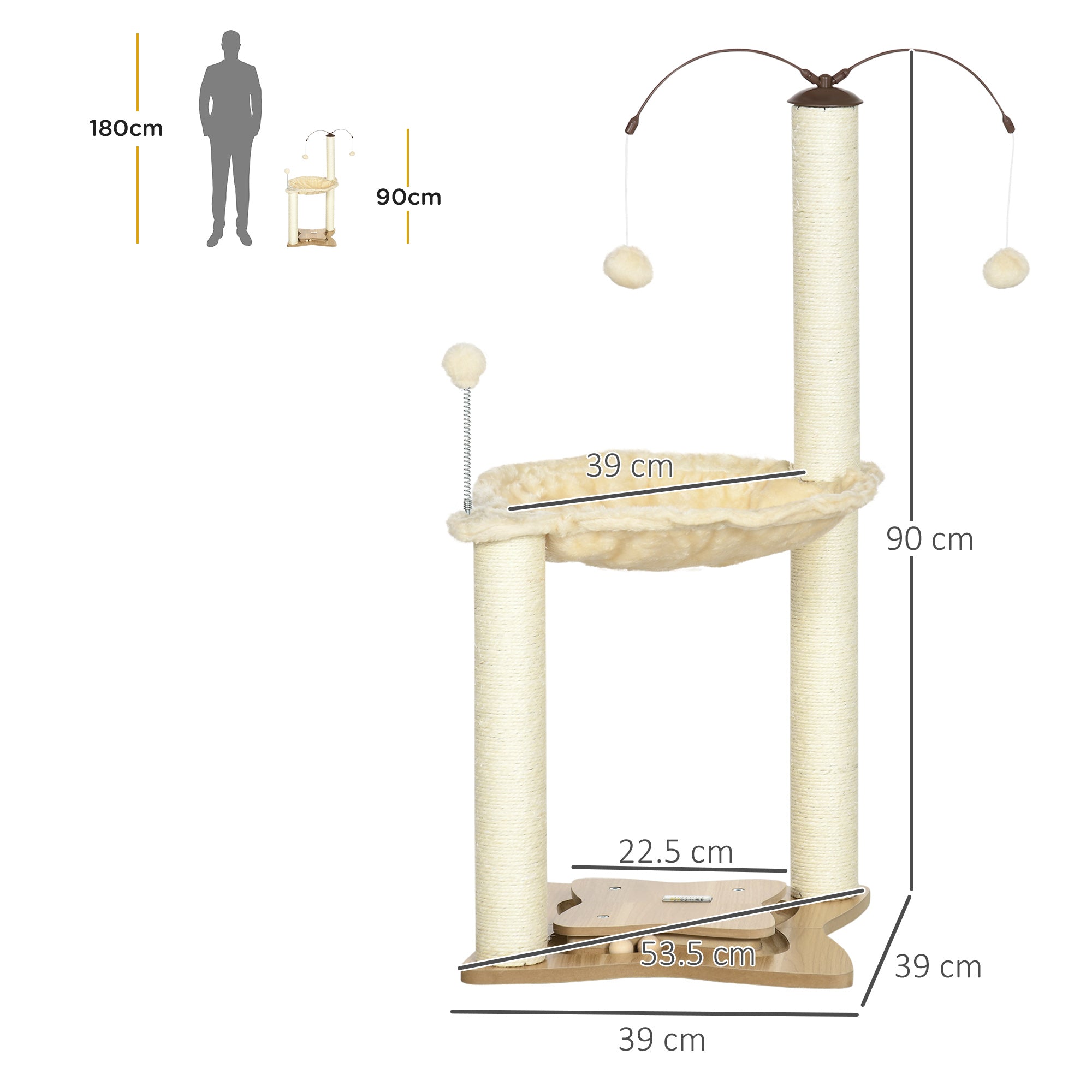 PawHut Cat Tree, with Scratching Posts, Hammock, Toy Ball - Beige