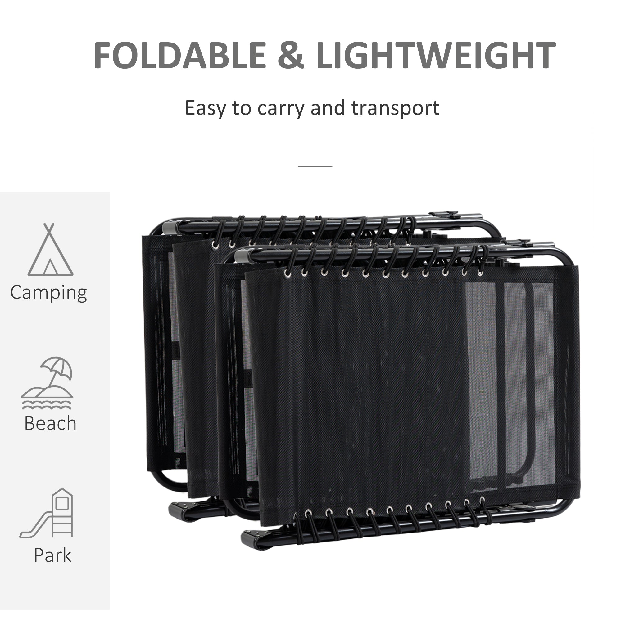 Outsunny Portable Sun Lounger Set of 2, Folding Camping Bed Cot, Reclining Lounge Chair 5-position Adjustable Backrest with Side Pocket, Pillow for Patio Garden Beach Pool, Black - North Peak Garden Furniture