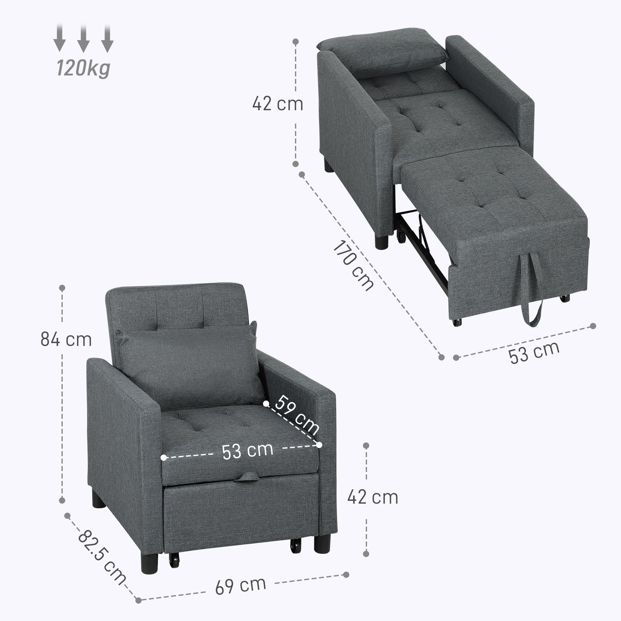 HOMCOM 3-In-1 Chair Bed, Convertible Sleeper Chair with Adjustable Backrest, Pillow and Footrest for Living Room, Dark Grey - North Peak Garden Furniture