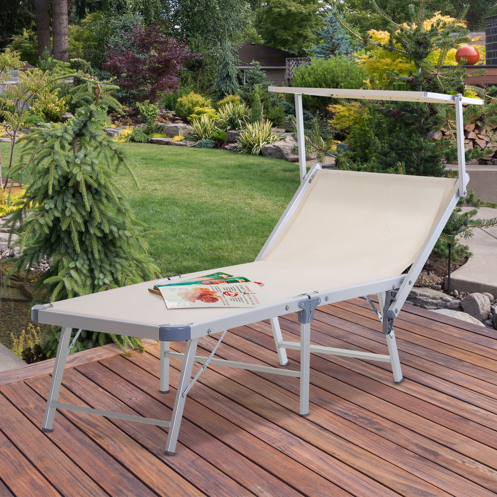 Outsunny Canopied Sun Lounger: Texteline Recliner with Adjustable Backrest, Aluminium Frame, Beige