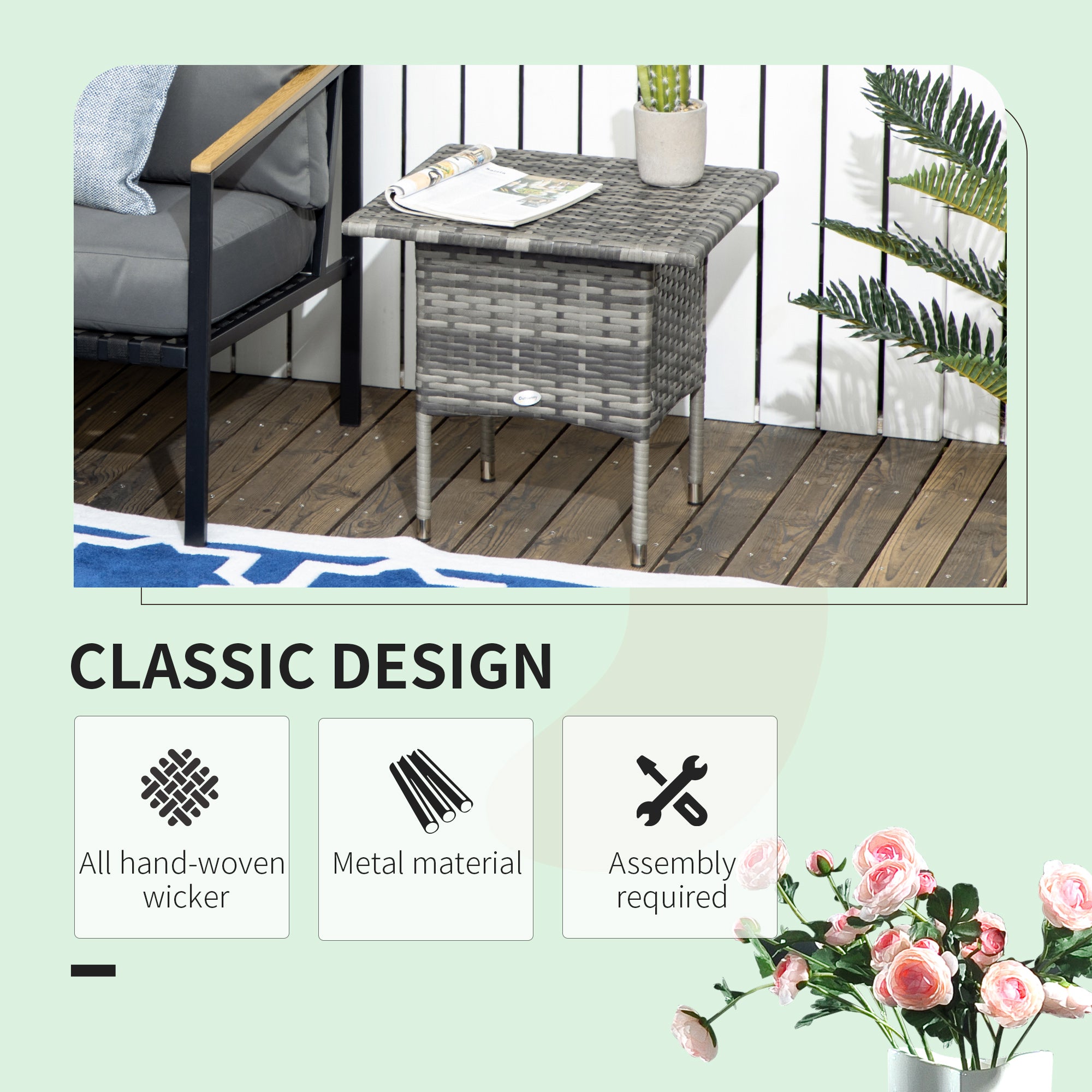 Outsunny Rattan Side Table, Outdoor Coffee Table with Plastic Board Under the Full Woven Table Top for Patio, Garden, Balcony, Mixed Grey - North Peak Garden Furniture