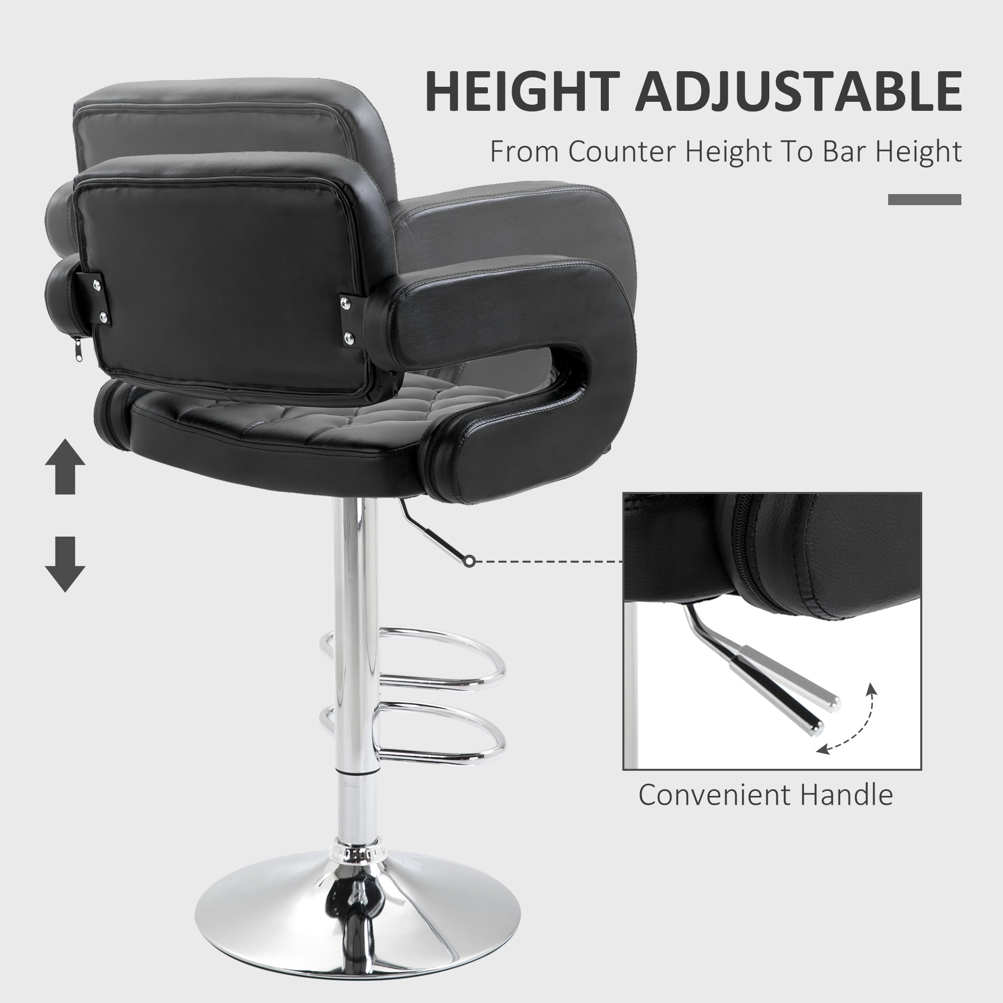 HOMCOM PU Leather Upholstered Swivel Bar Stool, Height Adjustable Barstool with Back, Armrest, Footrest for Kitchen - North Peak Garden Furniture