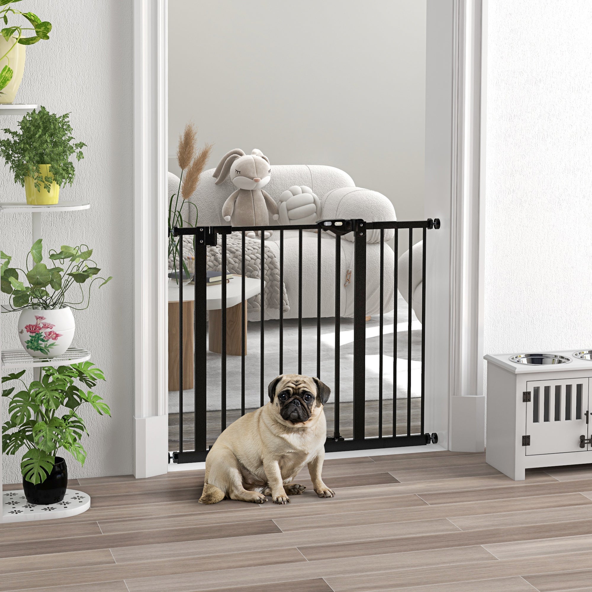 PawHut Metal 74-94cm Wide Adjustable Dog Gate Black - North Peak Garden Furniture
