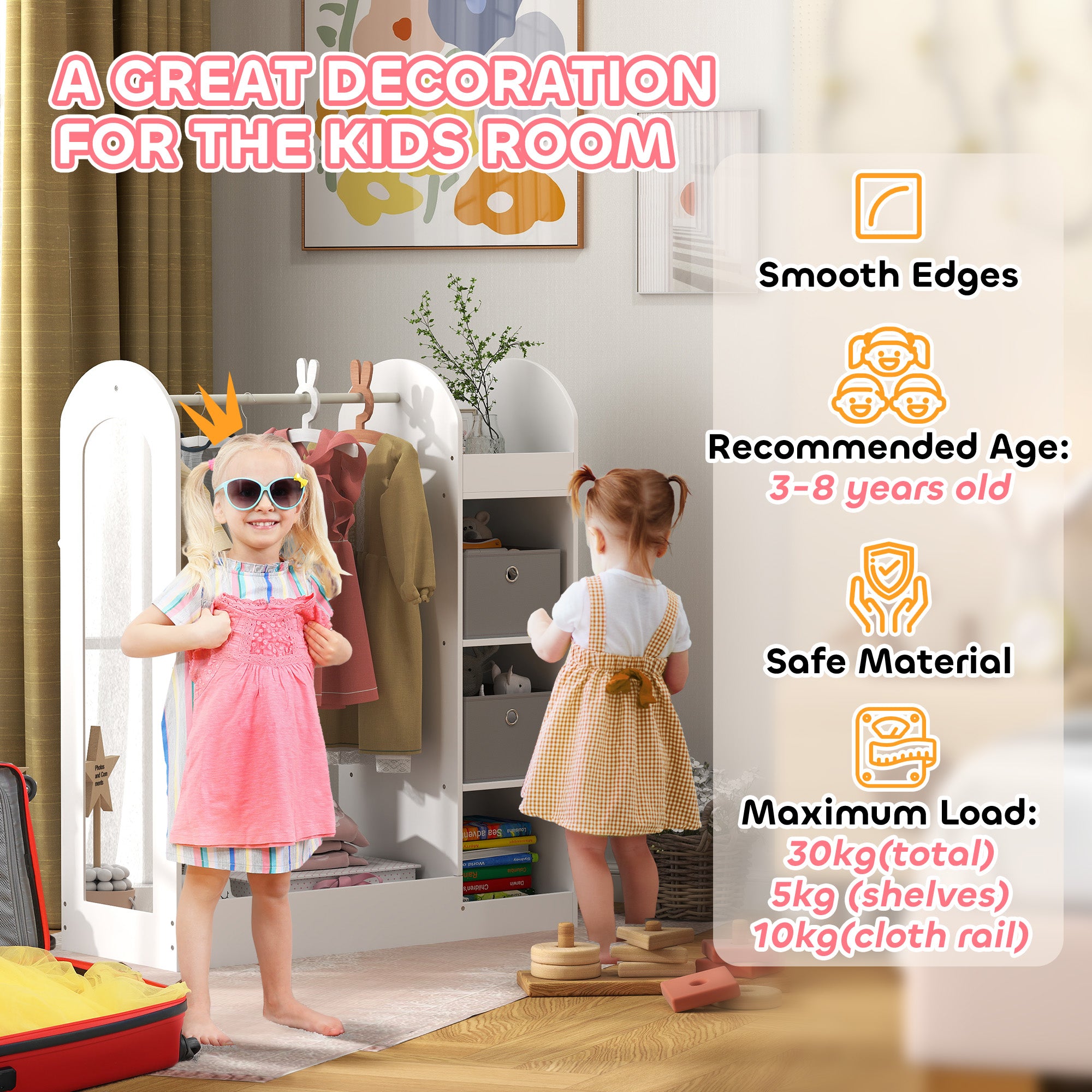 AIYAPLAY Kids Clothes Rail with Storage Shelf, Boxes, Mirror for Bedroom, Nursery, White - North Peak Garden Furniture