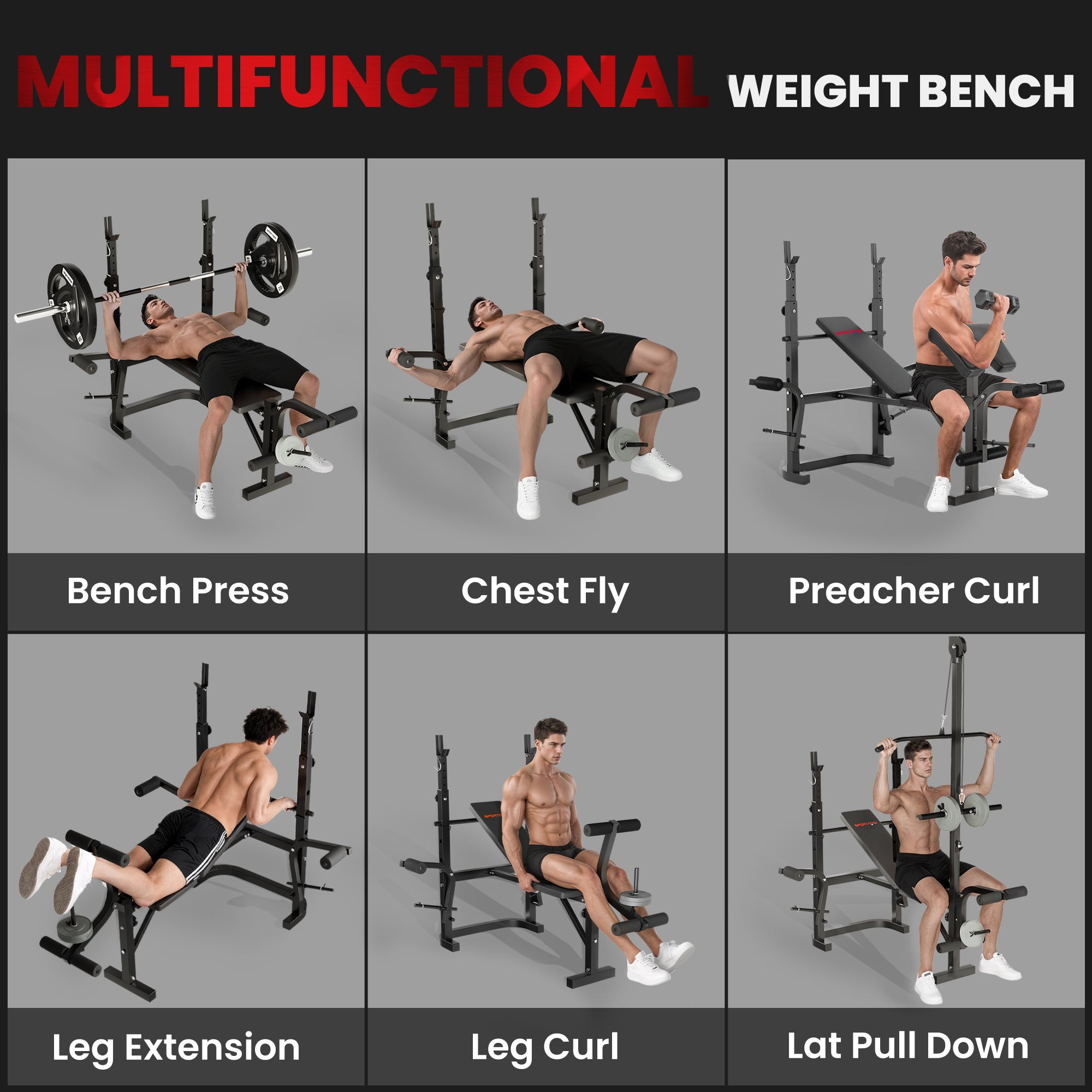 SPORTNOW Adjustable Weight Bench with Bench Press Rack, Preacher Curl Bench, Leg Extension and Lat Pull Down Machine, Incline or Flat Workout Bench for Home Gym Strength Training Weight Lifting