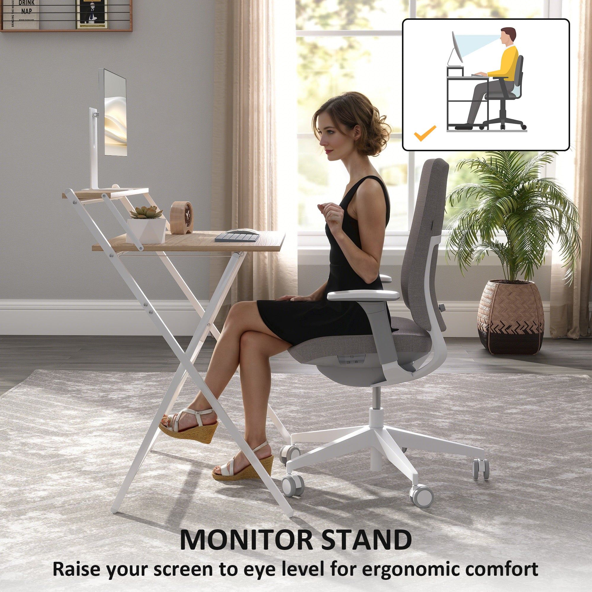 HOMCOM 81.5 cm Folding Computer Desk with Monitor Shelf - Natural Wood Finish - North Peak Garden Furniture