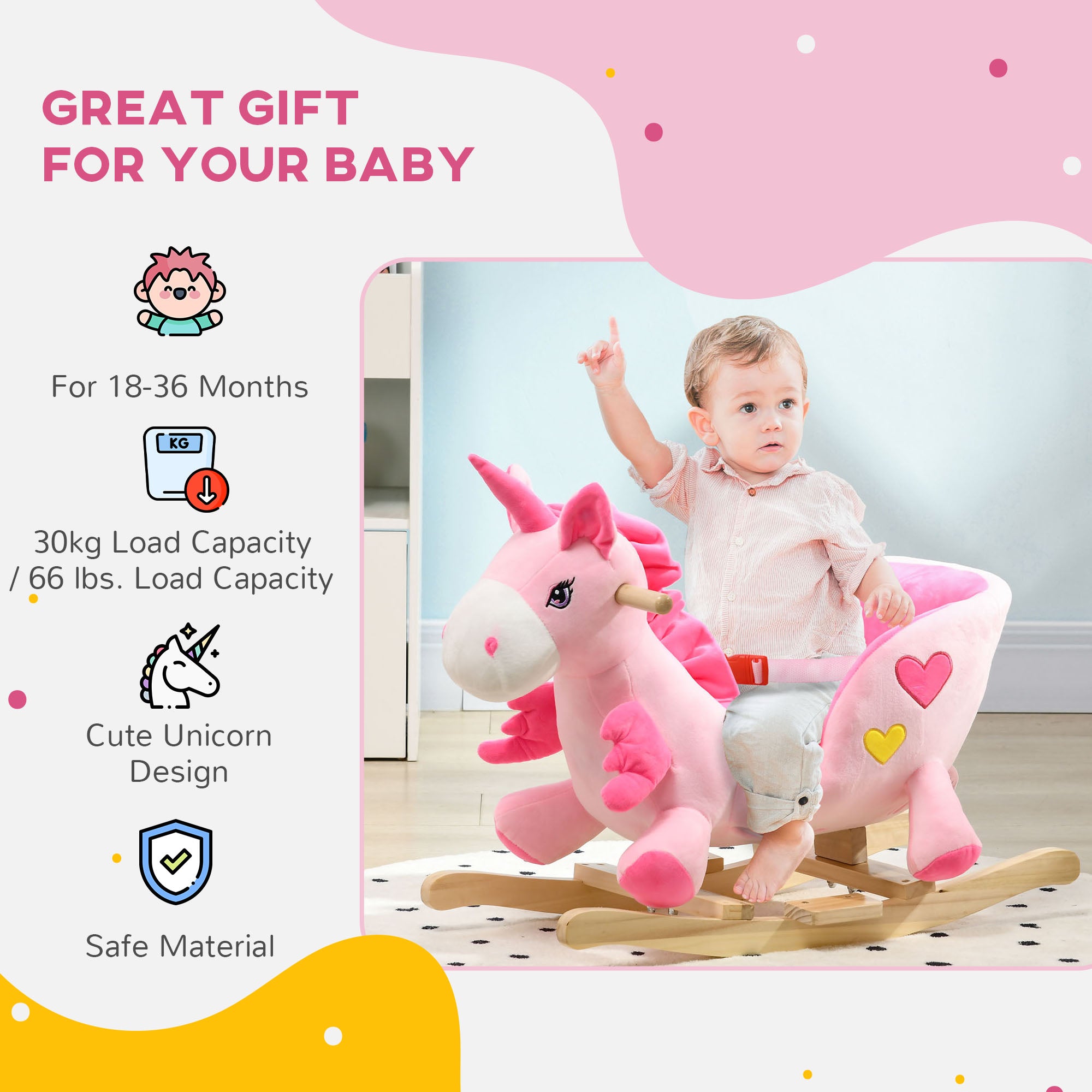 HOMCOM Kids Rocking Horse Ride on Unicorn with Songs, Wooden Base, Seatbelt, for Ages 18-36 Months, Pink - North Peak Garden Furniture