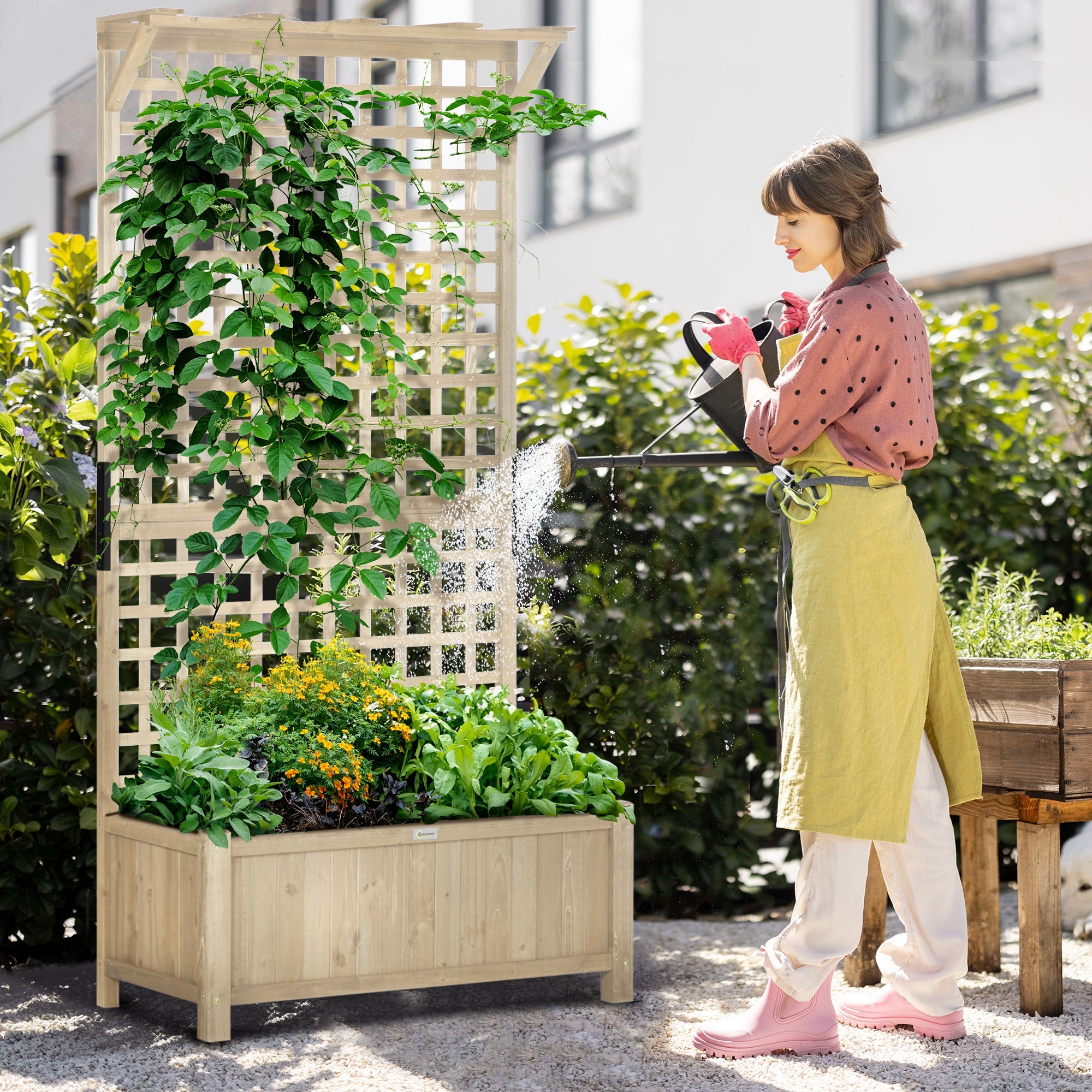 Outsunny Raised Bed with Drainage Holes, Wood Planter with Trellis for Climbing Plants to Grow Vegetables, Flowers, Natural