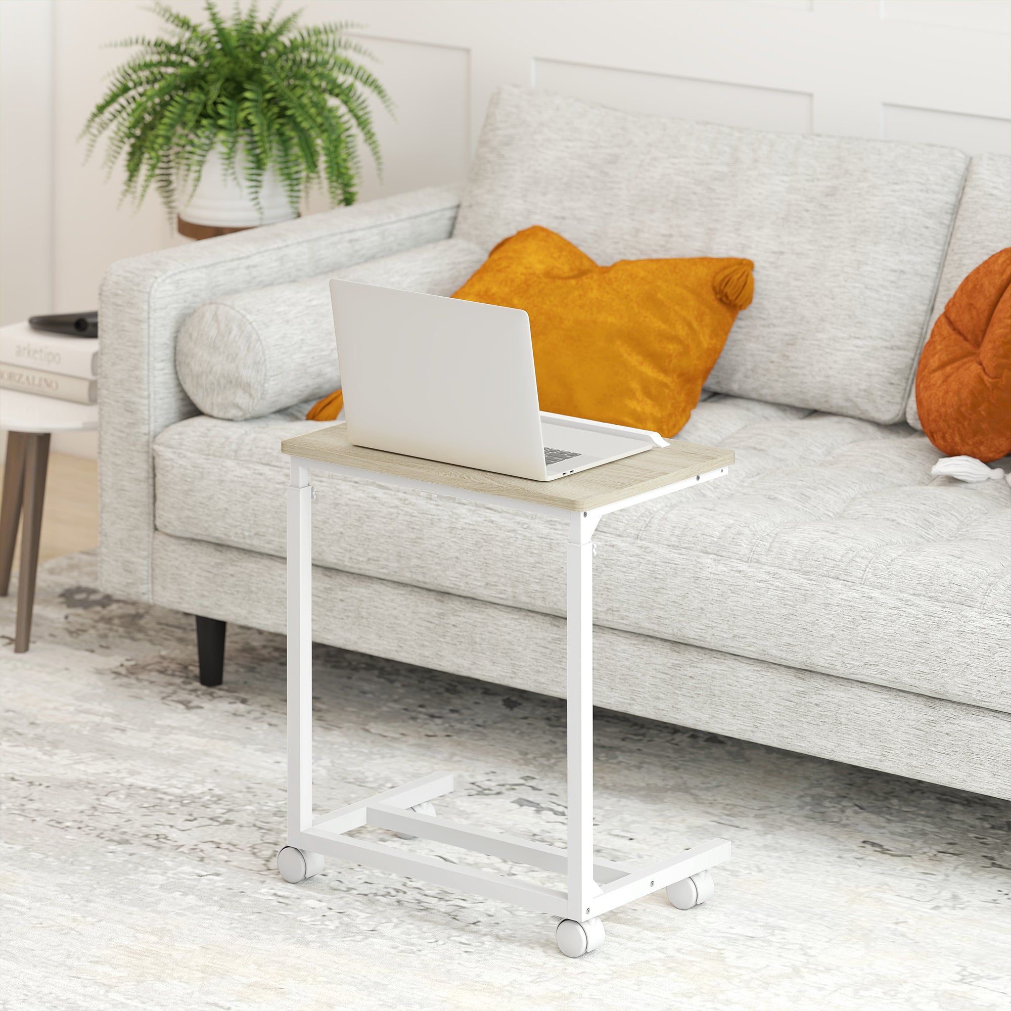 HOMCOM C-Shaped Sofa Side Table, Height Adjustable Overbed Table with Tilting Desktop, Mobile Laptop Desk for Living Room Bedroom, Oak and White - North Peak Garden Furniture