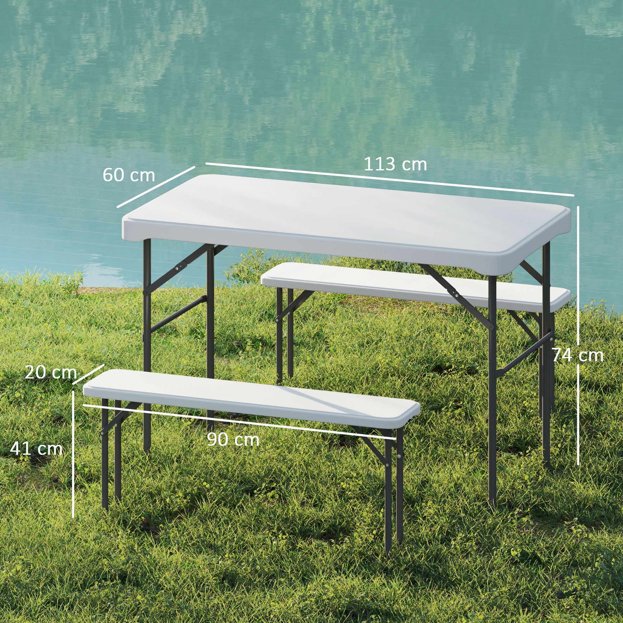 Outsunny 3 Piece 4ft Folding Picnic Table and Bench Set, Portable HDPE Camping Table and Chairs with Carrying Handle for Indoor Outdoor, Dining, Camping, Picnic, BBQ, Party, Light Grey - North Peak Garden Furniture
