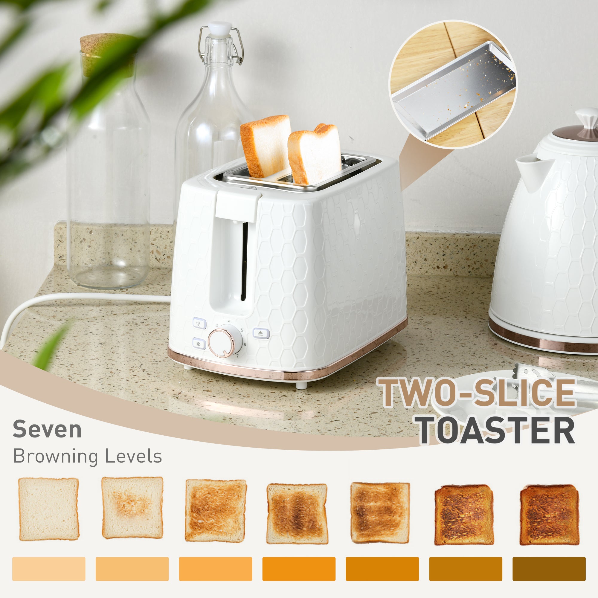 HOMCOM 1.7L 3000W Fast Boil Kettle & 2 Slice Toaster Set, Kettle and Toaster Set with Auto Shut Off, Browning Controls, White - North Peak Garden Furniture