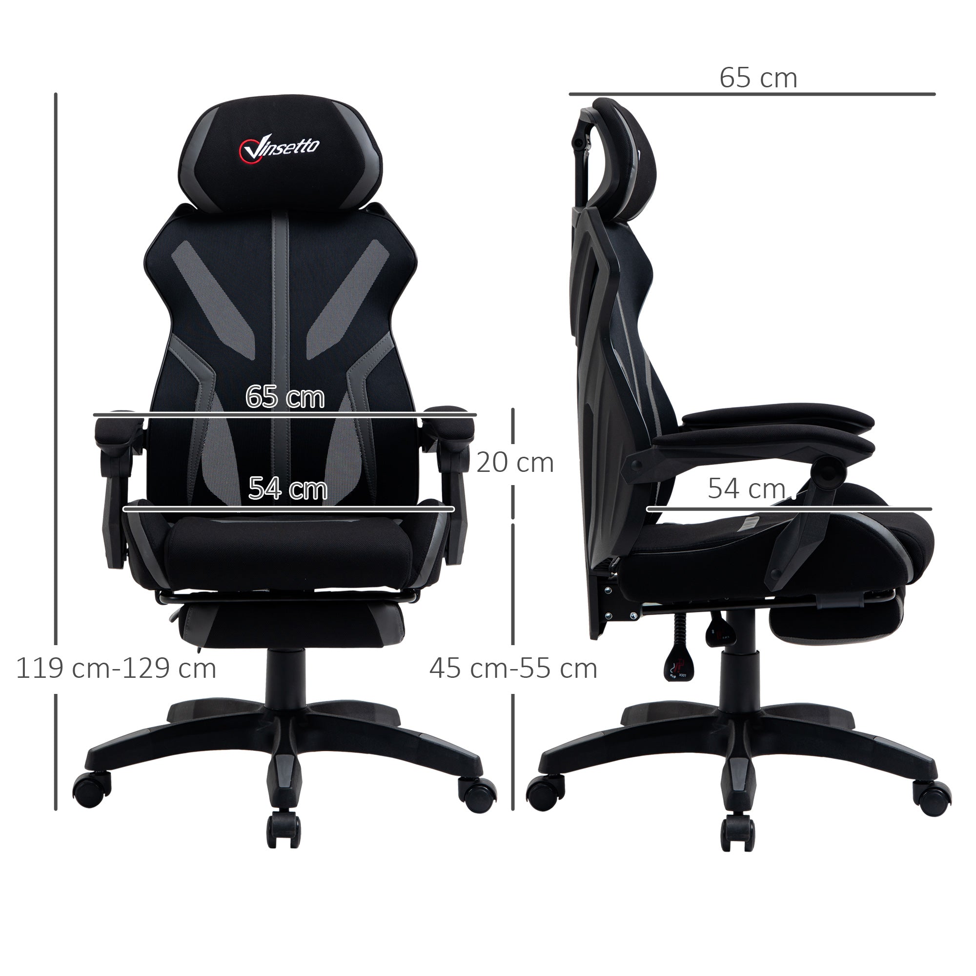 Vinsetto Mesh Office Chair Desk Task Computer Recliner with Footrest, Lumbar Back Support, Swivel Wheels, Adjustable Height for Home, Black Grey - North Peak Garden Furniture