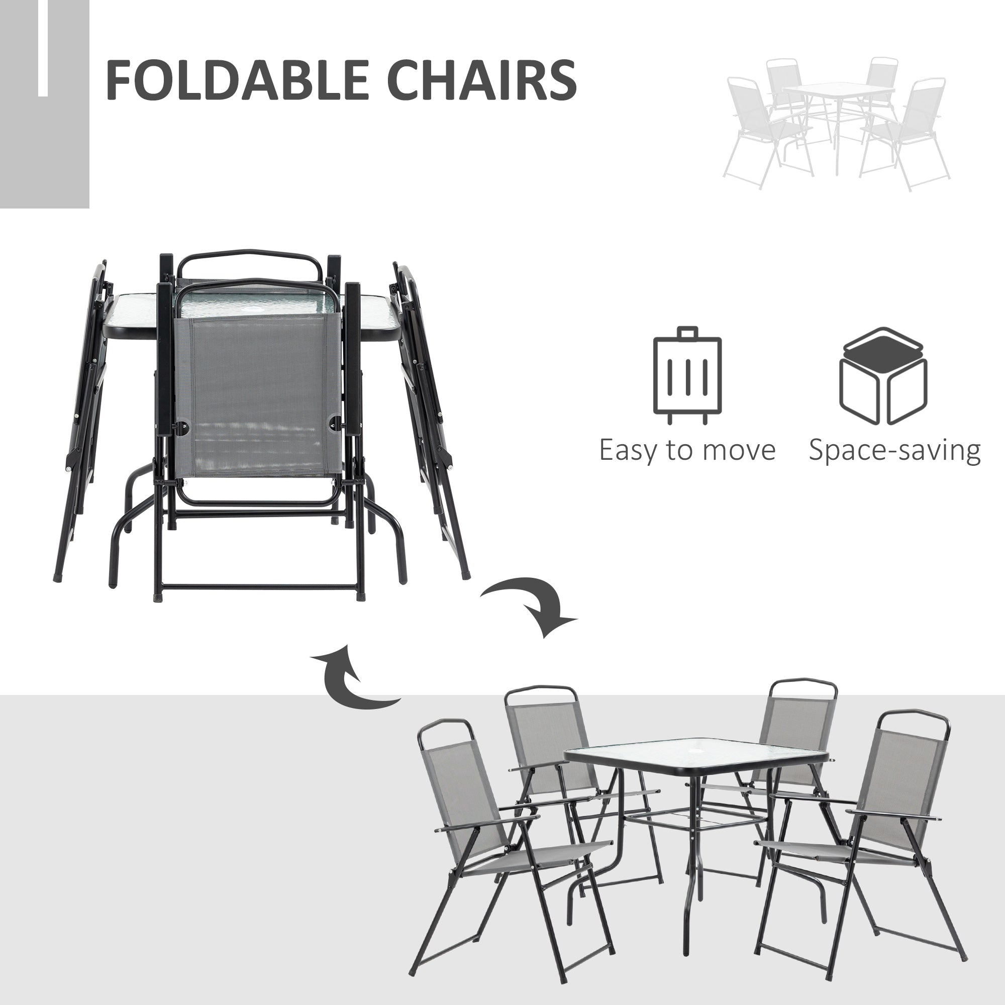 Outsunny 5 Piece Garden Dining Set Outdoor Dining Furniture 4 Folding Chairs, Glass Top Table with Parasol Hole, Texteline Seats, Black - North Peak Garden Furniture