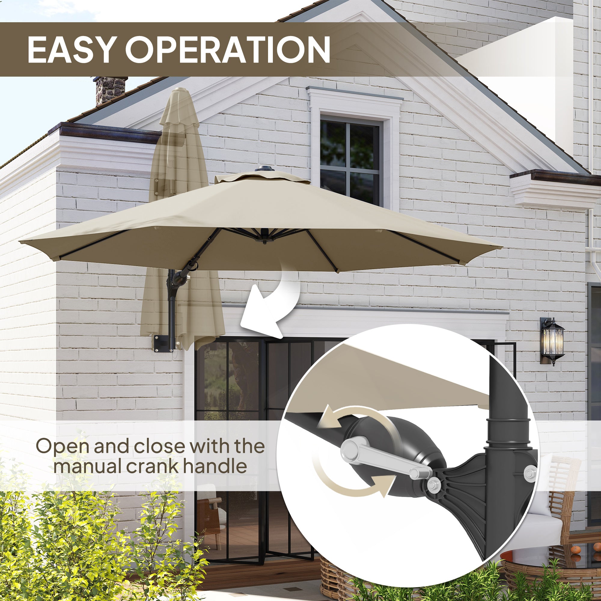 Outsunny 3(m) Wall-Mounted Parasol Shade, with Handle - Khaki - North Peak Garden Furniture