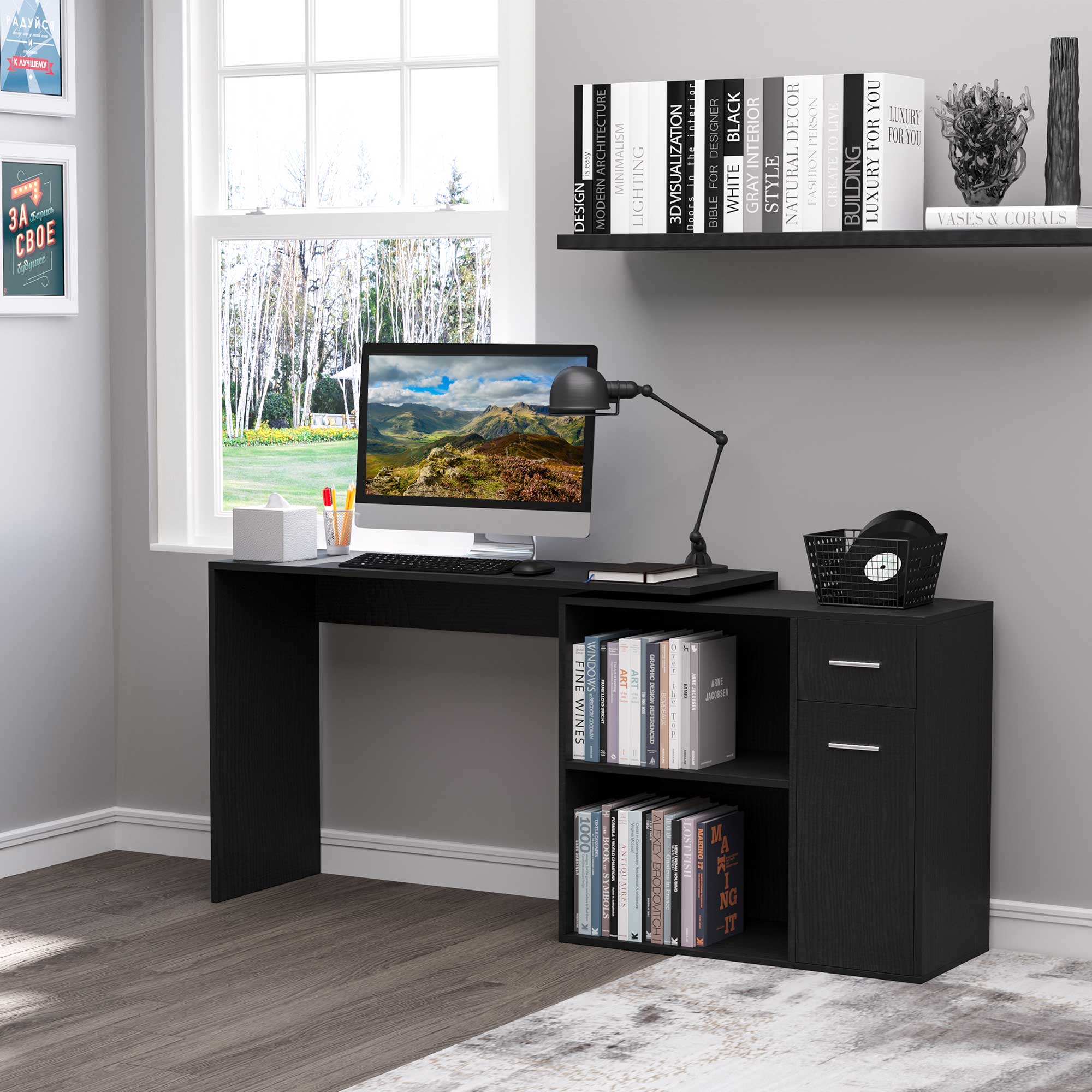 HOMCOM L-Shaped Desk, Corner Computer Desk, Adjustable Study Table with Storage Shelf, Drawer and Cabinet, Workstation for Home Office, Black Wood Grain - North Peak Garden Furniture