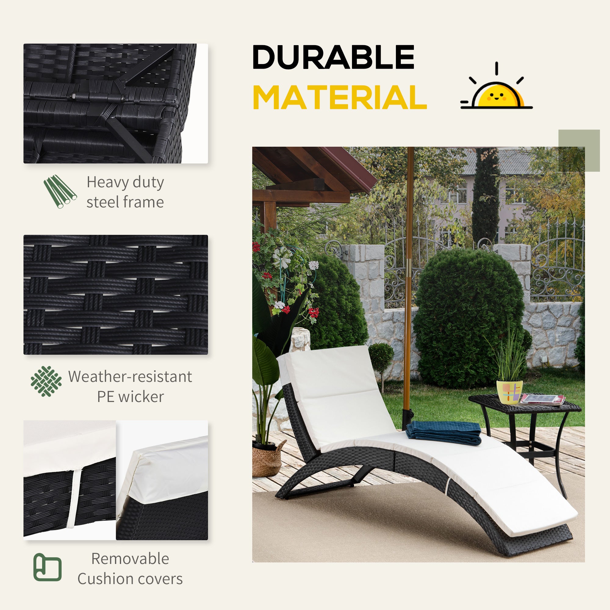 Outsunny Outdoor Foldable PE Rattan Sun Lounger with Soft Padded Cushion, Ergonomic Curved Design Sun Bed for Balcony, Garden, Black - North Peak Garden Furniture