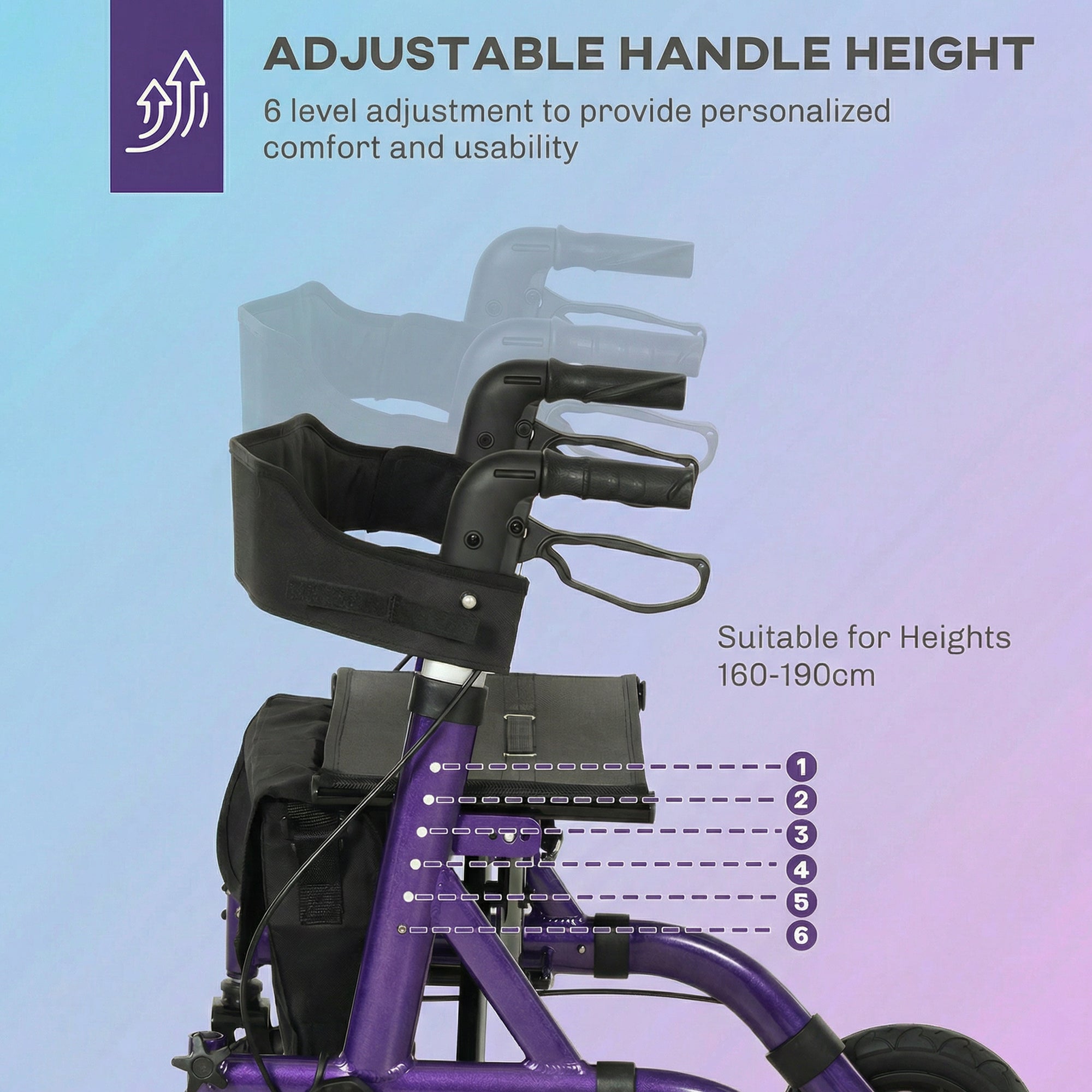 HOMCOM Folding Rollator Walker with Seat, Backrest, Lightweight Walking Frame with Storage Bag, Dual Brakes, All-terrain Wheels, Adjustable Handle Height, 4 Wheeled Walker for Seniors, Purple