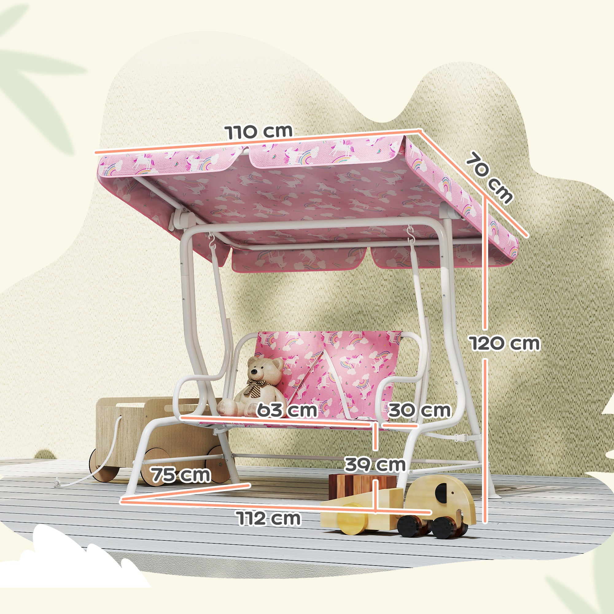 AIYAPLAY Kids Porch Swing, 2-Seater Patio Swing Bench Hammock with Seat Belts, Adjustable Canopy for Garden, Pink