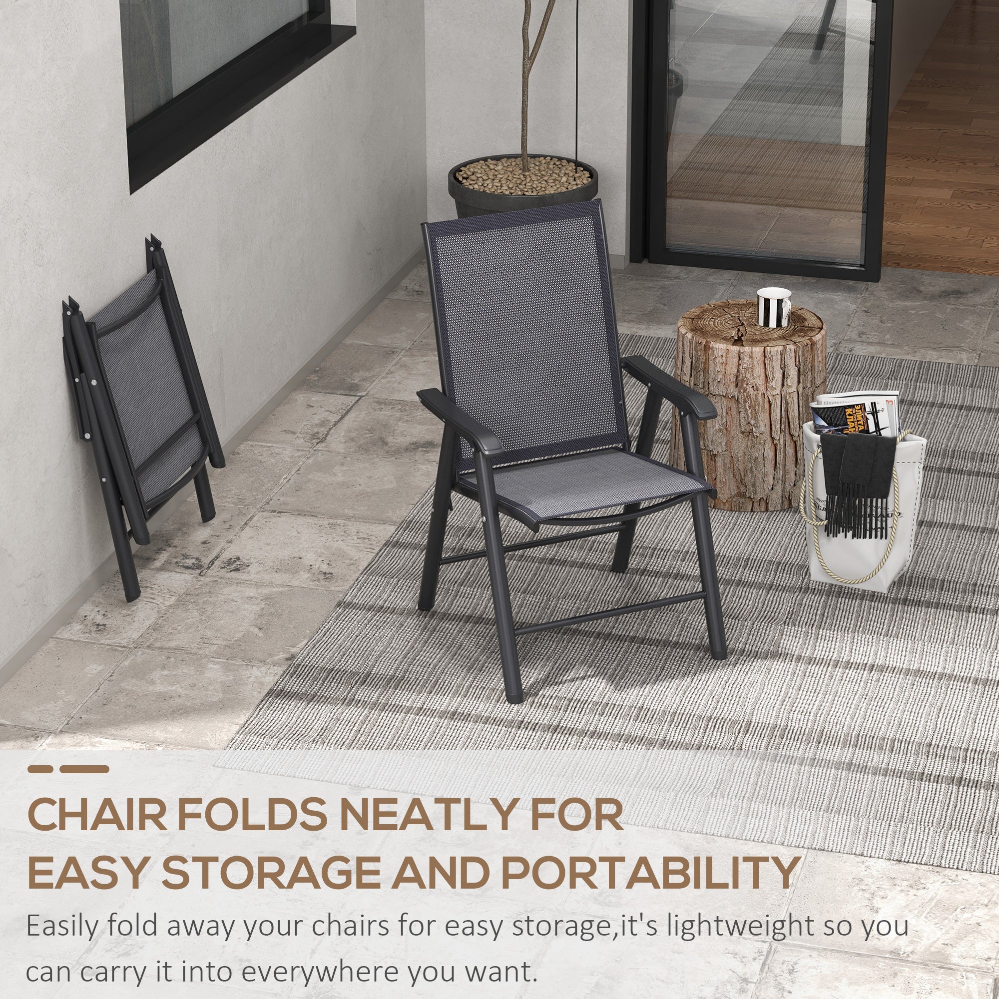 Outsunny Set of 2 Foldable Metal Garden Chairs Outdoor Patio Park Dining Seat Yard Furniture Dark Grey - North Peak Garden Furniture