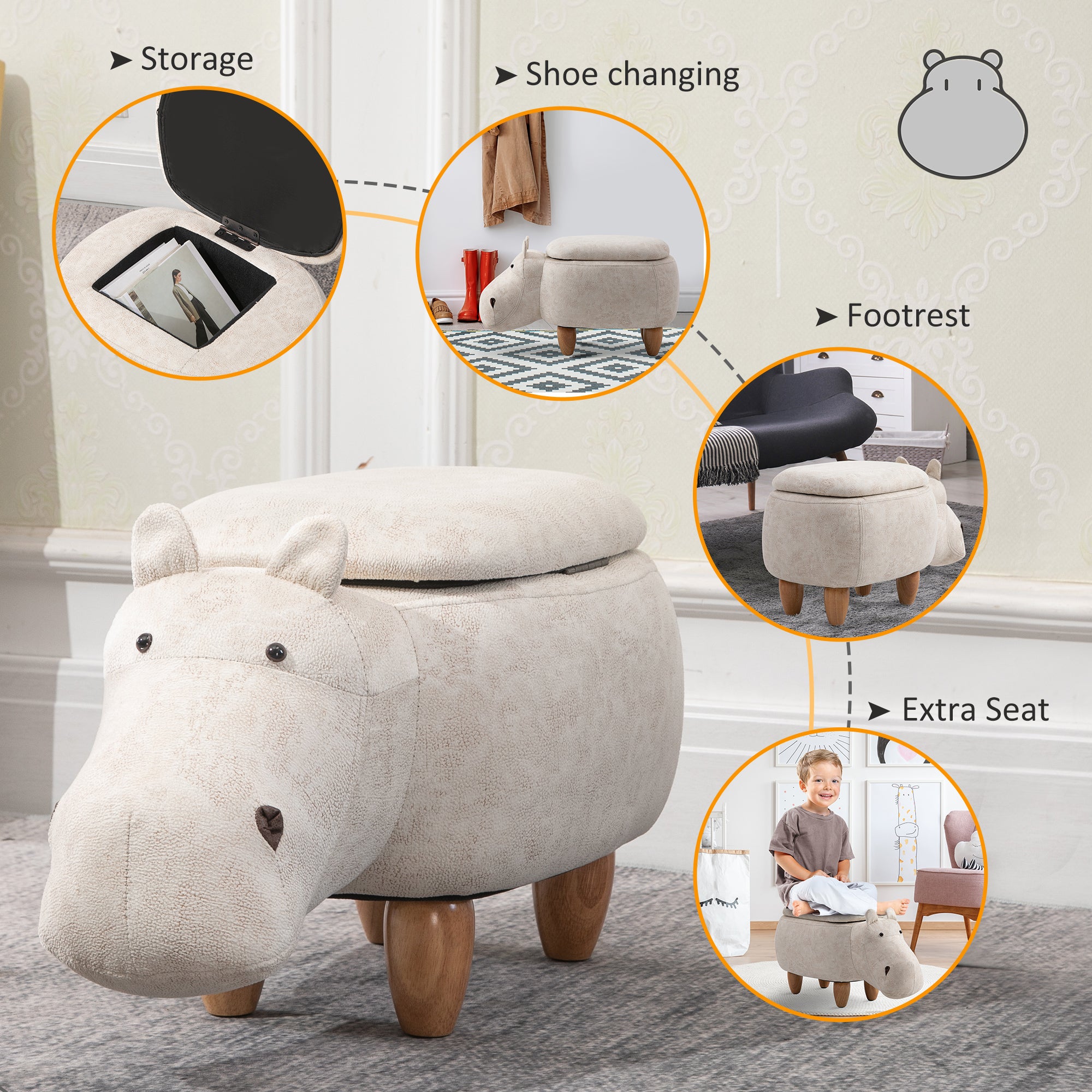 HOMCOM Hippo Storage Stool Cute Decoration Footrest Wood Frame Legs with Padding Lid Ottoman Animal Furniture Cream 36 x 65cm - North Peak Garden Furniture