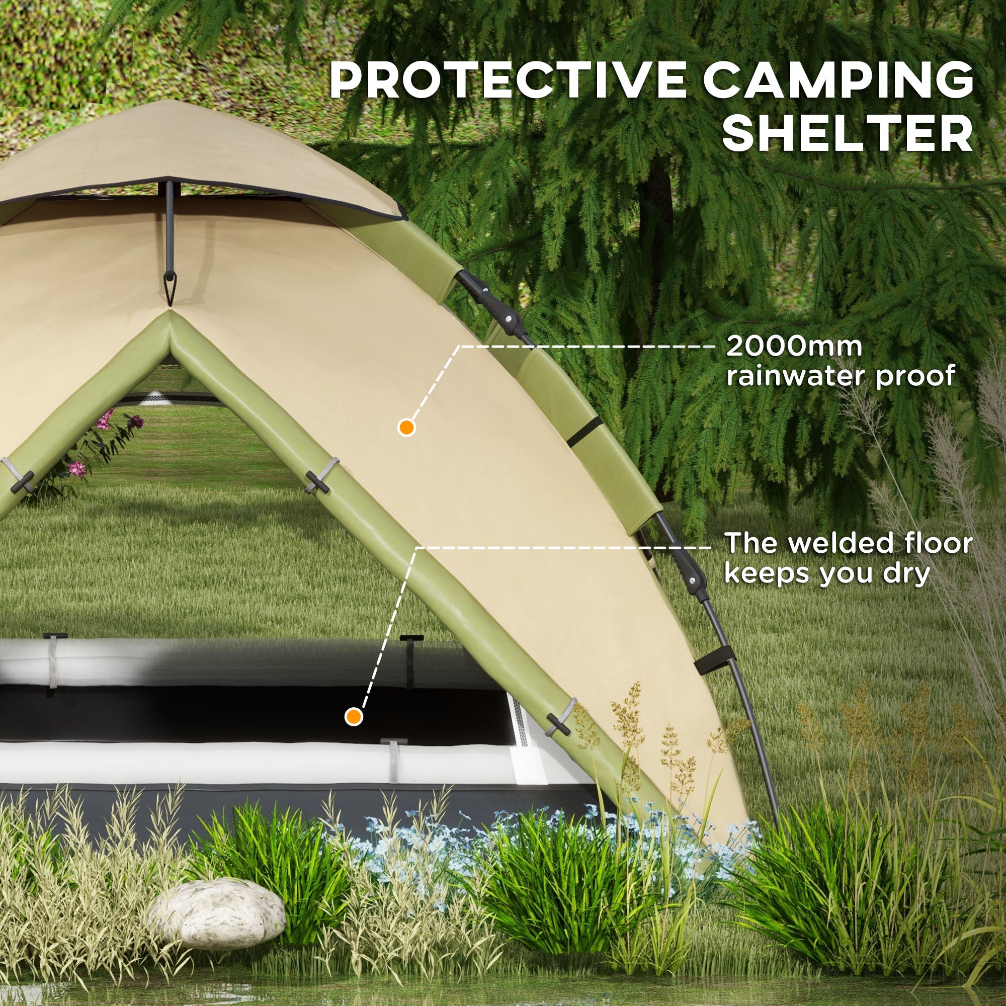 Outsunny Family Camping Tent: Portable 3-4 Person Shelter, 2000mm Waterproof with Carry Bag, Dark Green | Aosom UK