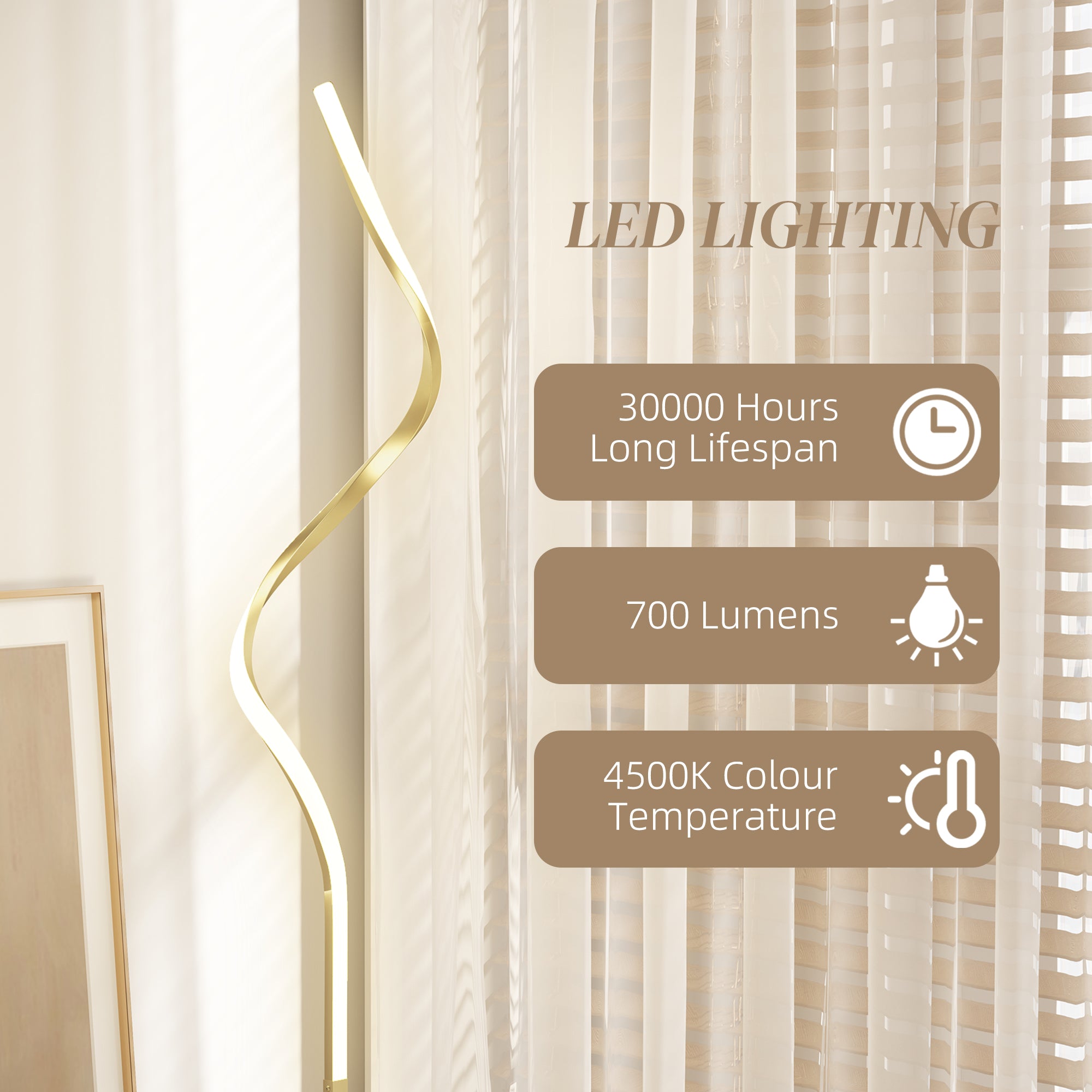 HOMCOM LED Floor Lamp with 3 Adjustable Brightness, Modern Standing Lamp with Foot Switch for Bedroom, Living Room, Gold Tone - North Peak Garden Furniture