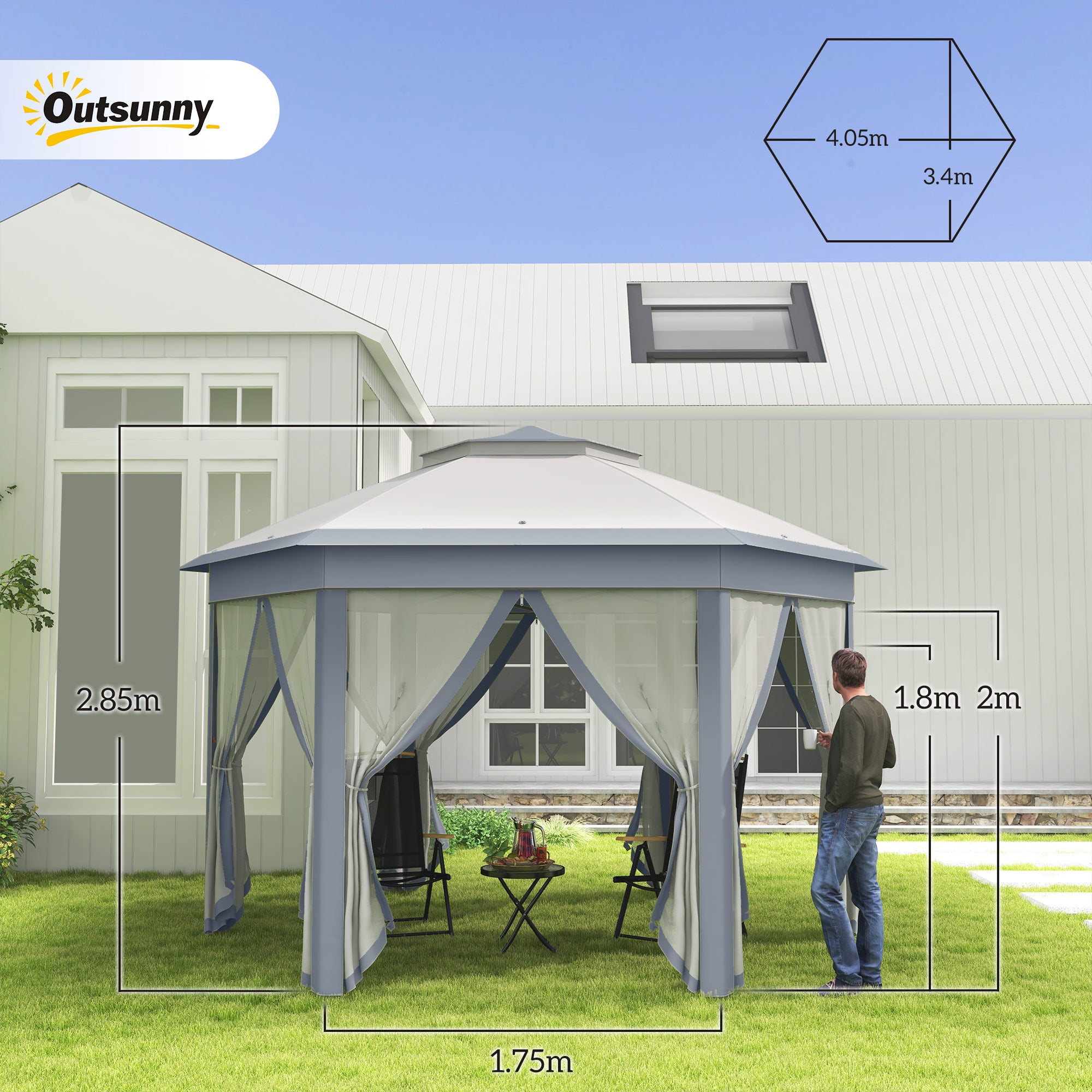 Outsunny 3 x 4m Metal Frame Hexagon Gazebo, with Curtains - Grey - North Peak Garden Furniture