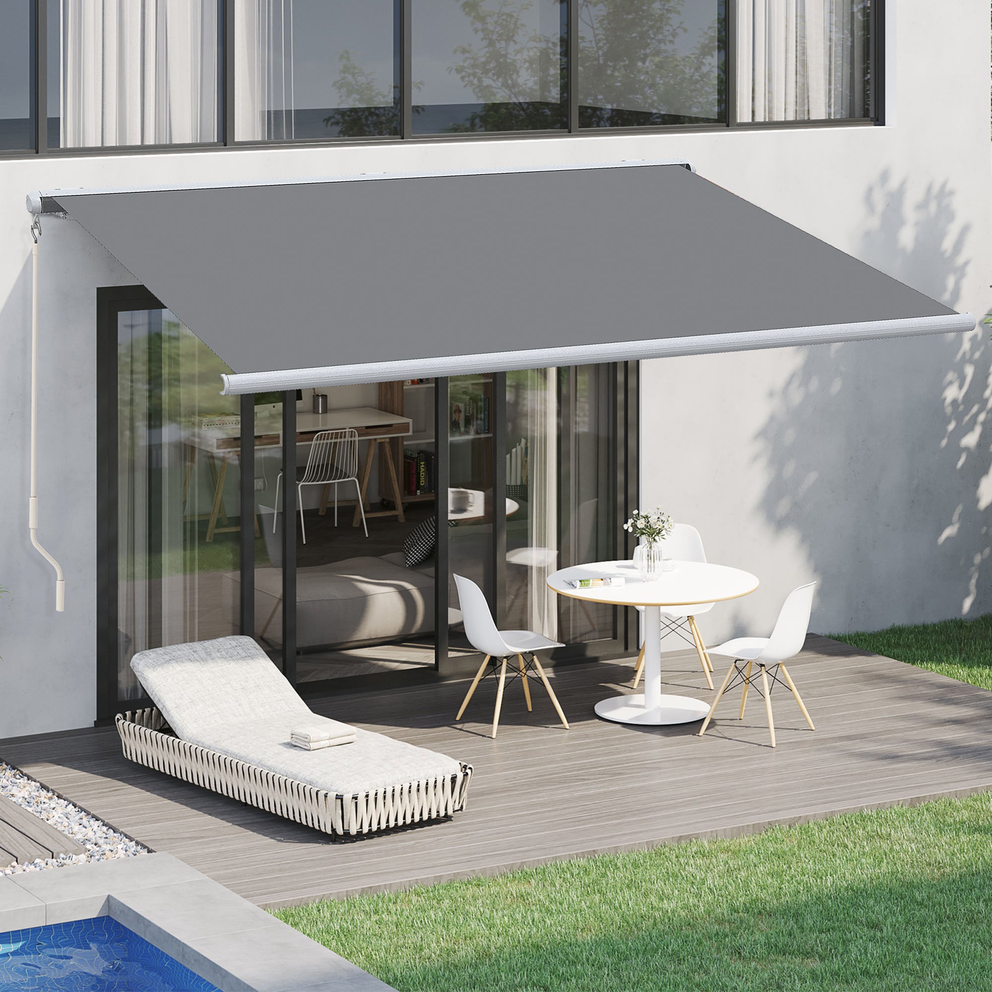 Outsunny 4x3m Full Cassette Electric/Manual Retractable Awning, Sun Canopies for Patio Door Window with Remote Controller, Grey - North Peak Garden Furniture